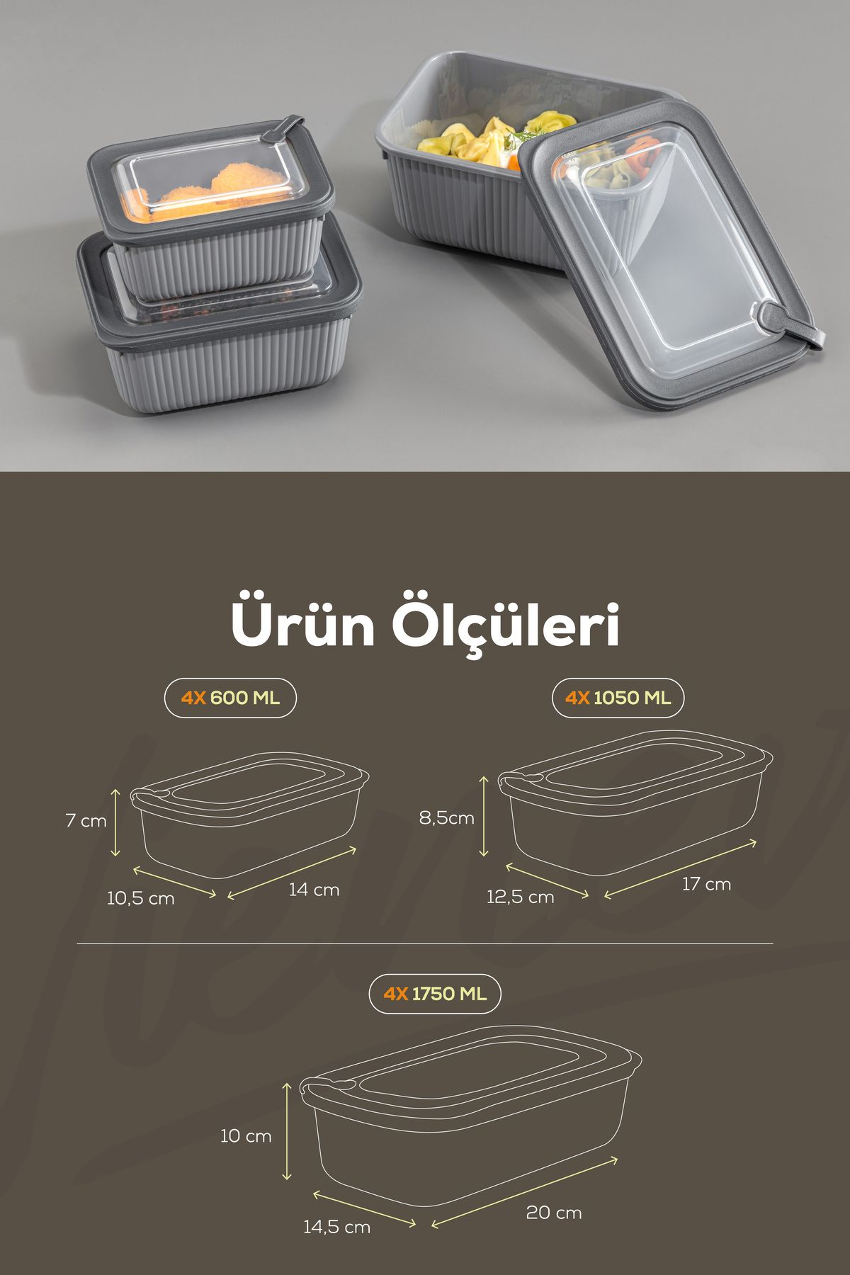 Vienev-Set of 12 Vip Rectangular Microwave and Diffracted Suitable Storage Containers Gray 4X(1750,1050,600 ml) 2