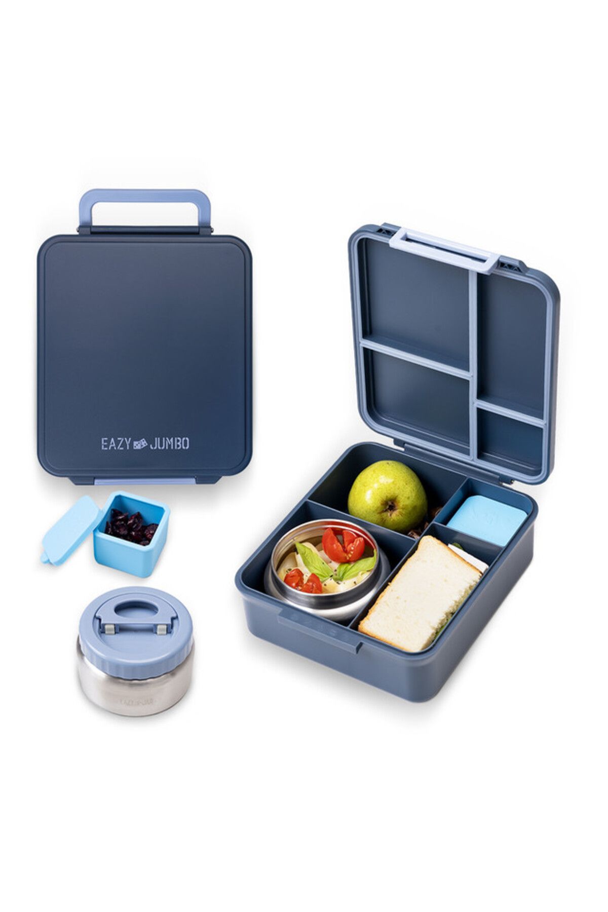 Eazy Kids Jumbo Bento Lunch Box w/ Thermos & Dip Jar- Grey