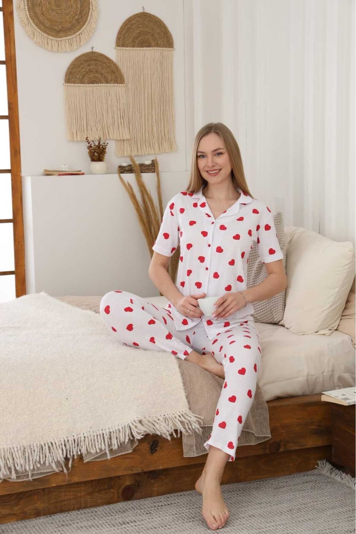 LİLA İÇ GİYİM-Short Sleeve Pijama Set with Suprem Button 3