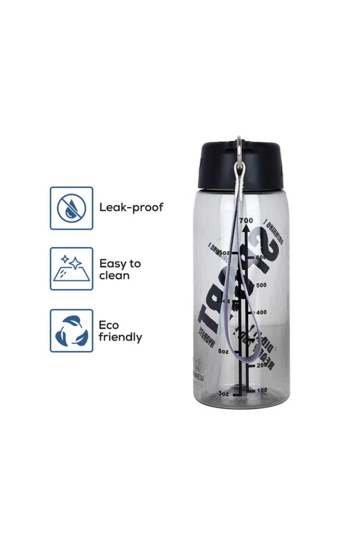 Hydrobrew-Water Bottle 800ml with Grab String - Black 5