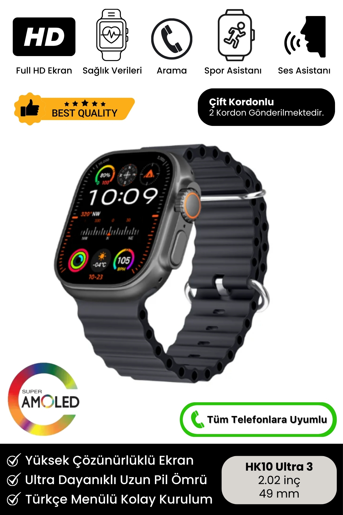 Yeni Nesil HK10 Ultra 3 Chat GPT Amoled HD Ekran Spor Sağlık Sensörlü iOS Android Uyumlu Akıllı Saat