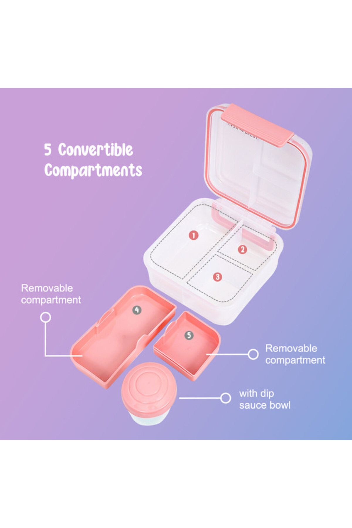 Eazy Kids-3/4/5 Compartment Convertible 1250ml Bento Lunch Box with 150ml Gravy Bowl - Pink 4