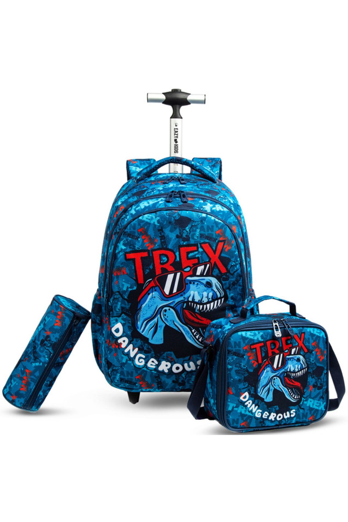 Eazy Kids - 18" Set of 3 Trolley School Bag Lunch Bag & Pencil Case T - Rex Dinosaur - Blue