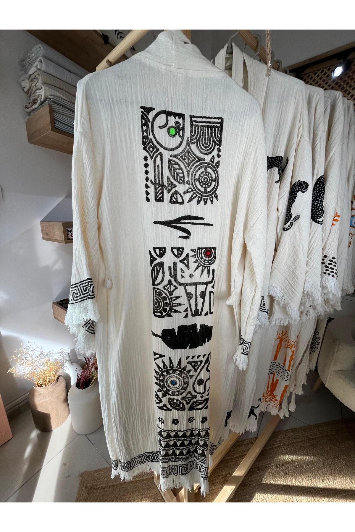 ANİKA %100 Pamuklu Etnik Desenli Müslin Kimono Yeni Nesil Bornoz Kaftan Sabahlık - El Baskı