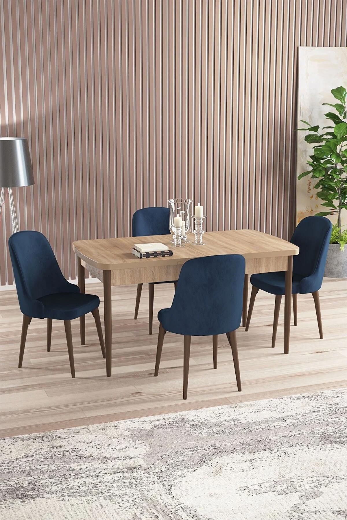 Armin Serisi Meşe 80x132 Açılabilir MDF Mutfak Masası Takımı 4 Adet Lacivert Sandalye-0