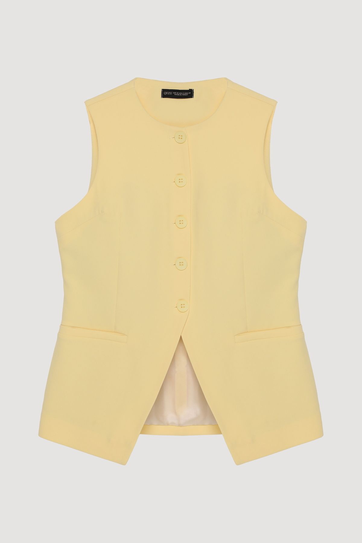 Quzu-Yellow V-Line Sleeveless Vest - Buttoned 1