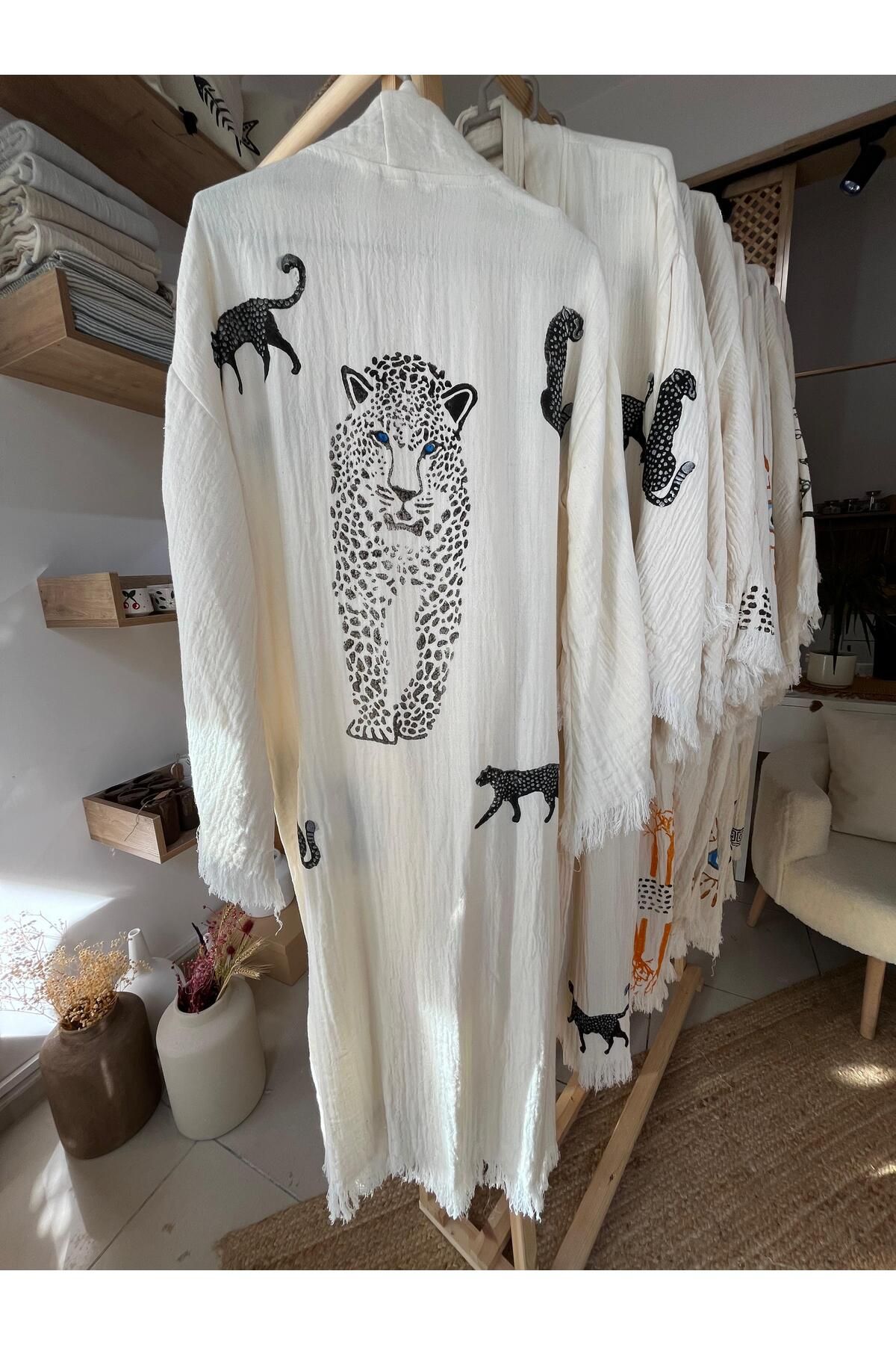 ANİKA %100 Pamuklu Kaplan Desenli Müslin Kimono Yeni Nesil Bornoz Kaftan Sabahlık - El Baskı