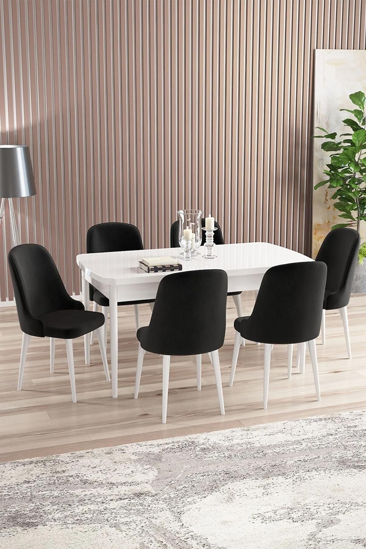 Armin Serisi Beyaz 80x132 Açılabilir MDF Mutfak Masası Takımı 6 Adet Siyah Sandalye-0