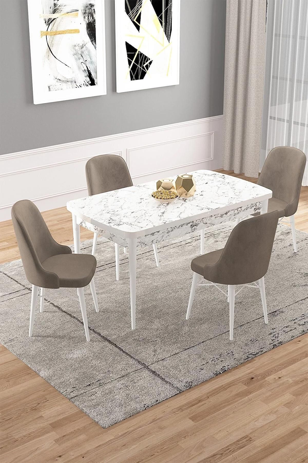 Vals Serisi Beyaz Mermer 80x132 Açılabilir Mdf Mutfak Masası Takımı 4 Adet Cappucino Sandalye-0