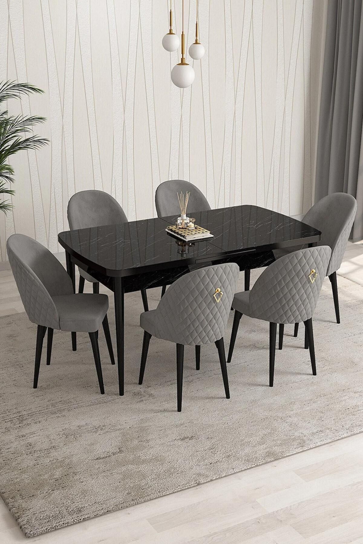 Arjeta Serisi Siyah Mermer 80x132 Açılabilir MDF Mutfak Masası Takımı 6 Adet Gri Sandalye-0