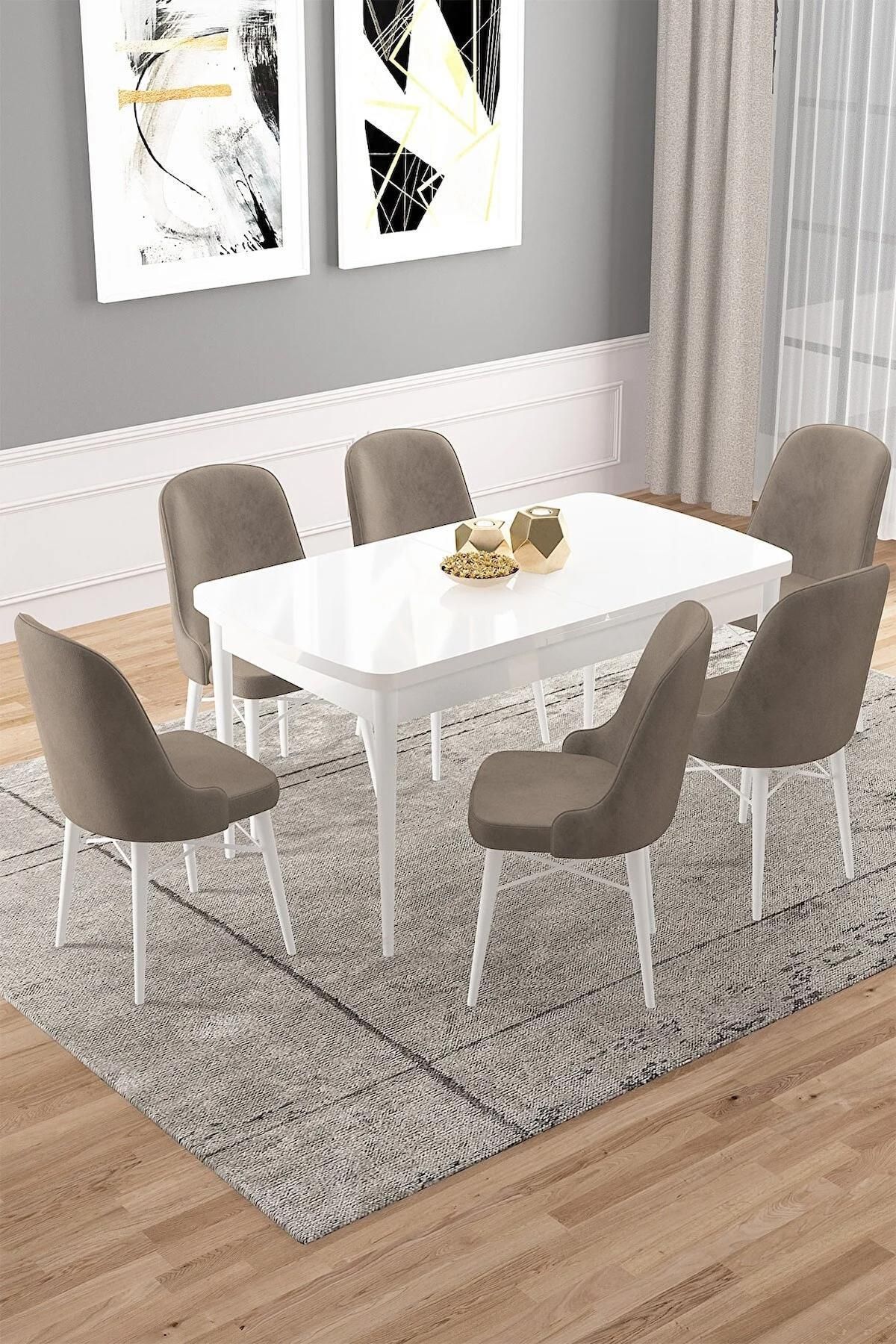 Vals Serisi Beyaz 80x132 Açılabilir MDF Mutfak Masası Takımı 6 Adet Cappucino Sandalye