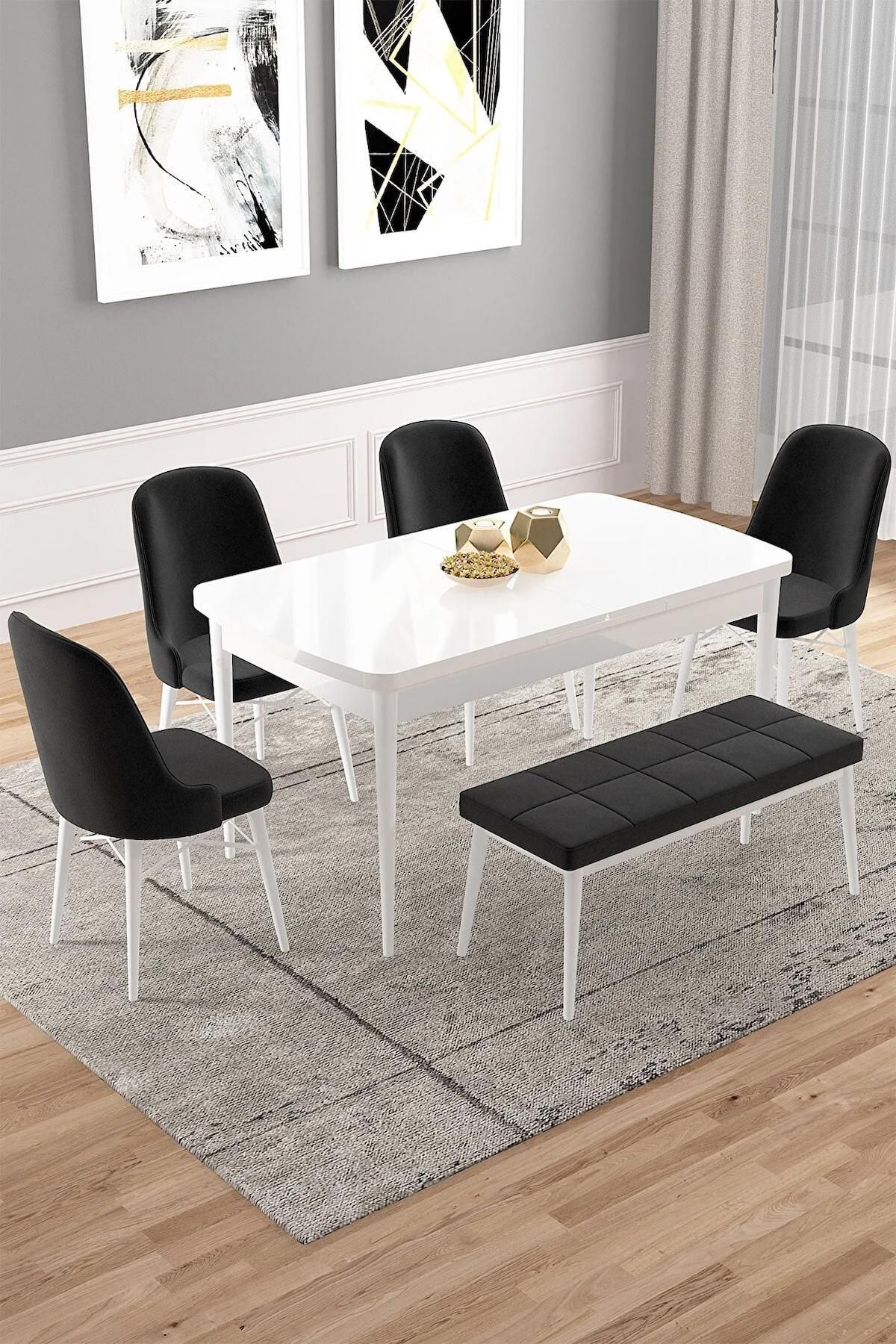 Vals Serisi Beyaz 80x132 Açılabilir MDF Mutfak Masası Takımı 4 Adet Siyah Sandalye+1 Bench-0