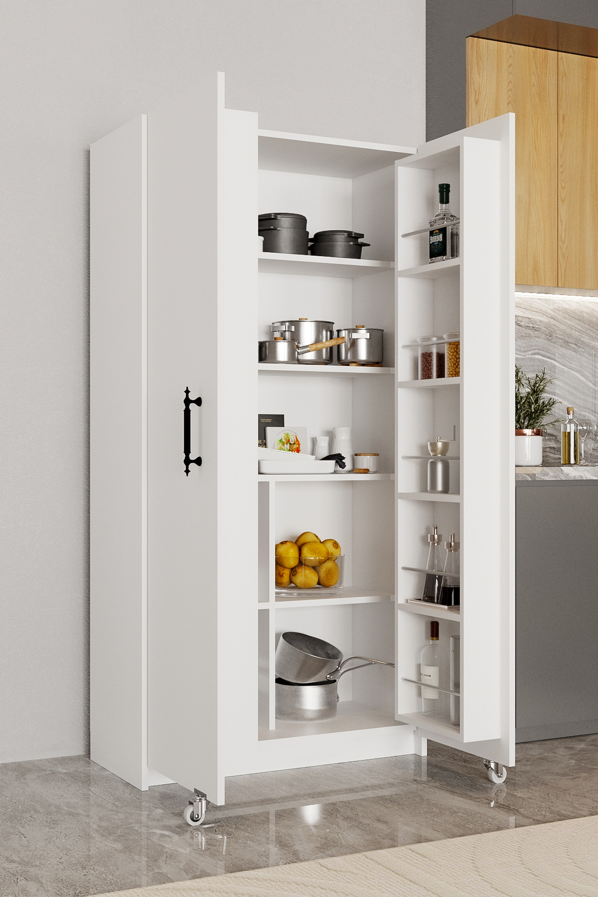 AE-3035 Queen White Pantry, Supply Cabinet, Multipurpose Kitchen Cabinet, Bathroom, 2 Doors, Shelf, Wheeled