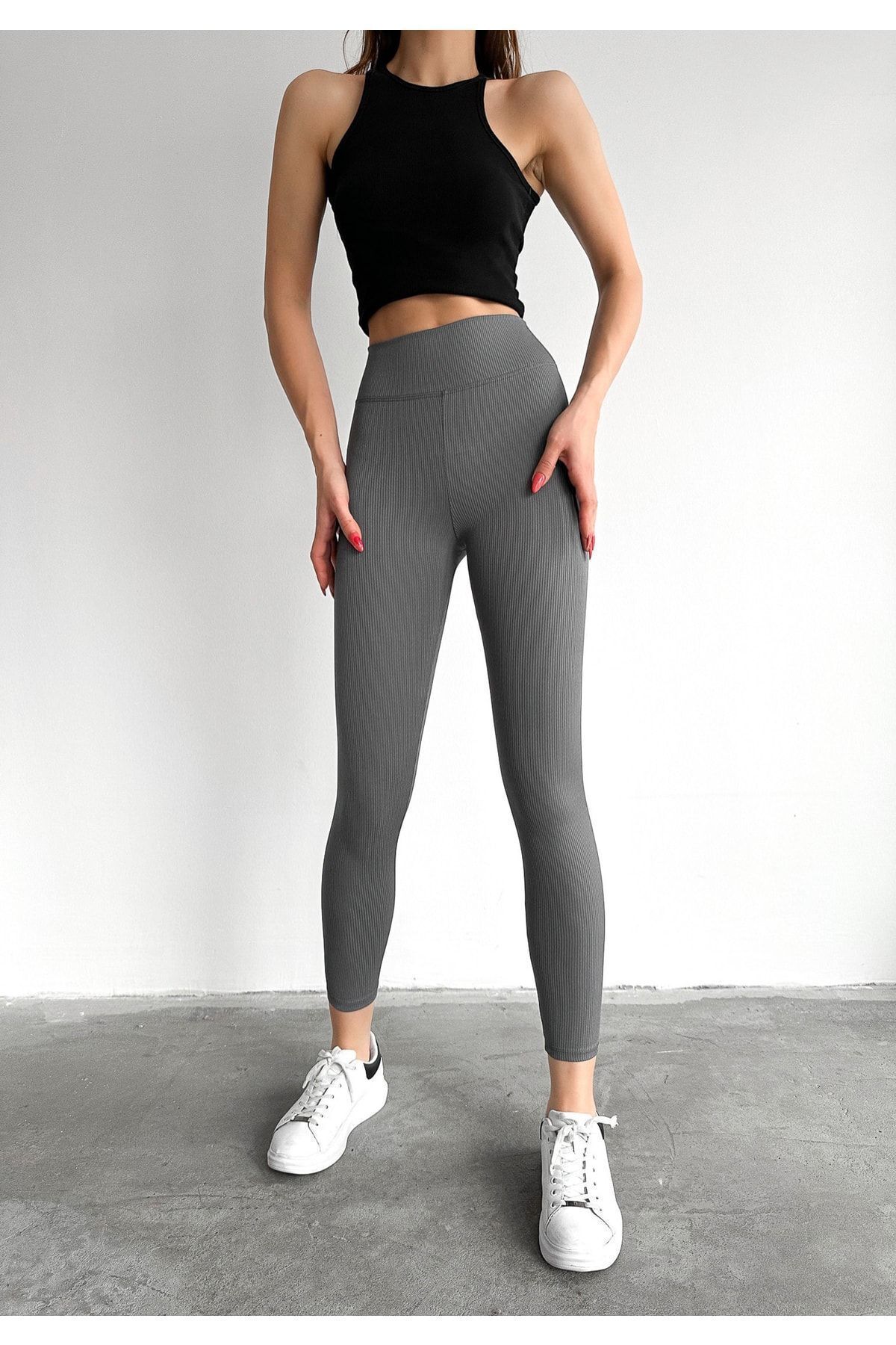 BEJNA-Graue gerippte Strumpfhose mit hoher Taille für Damen 3