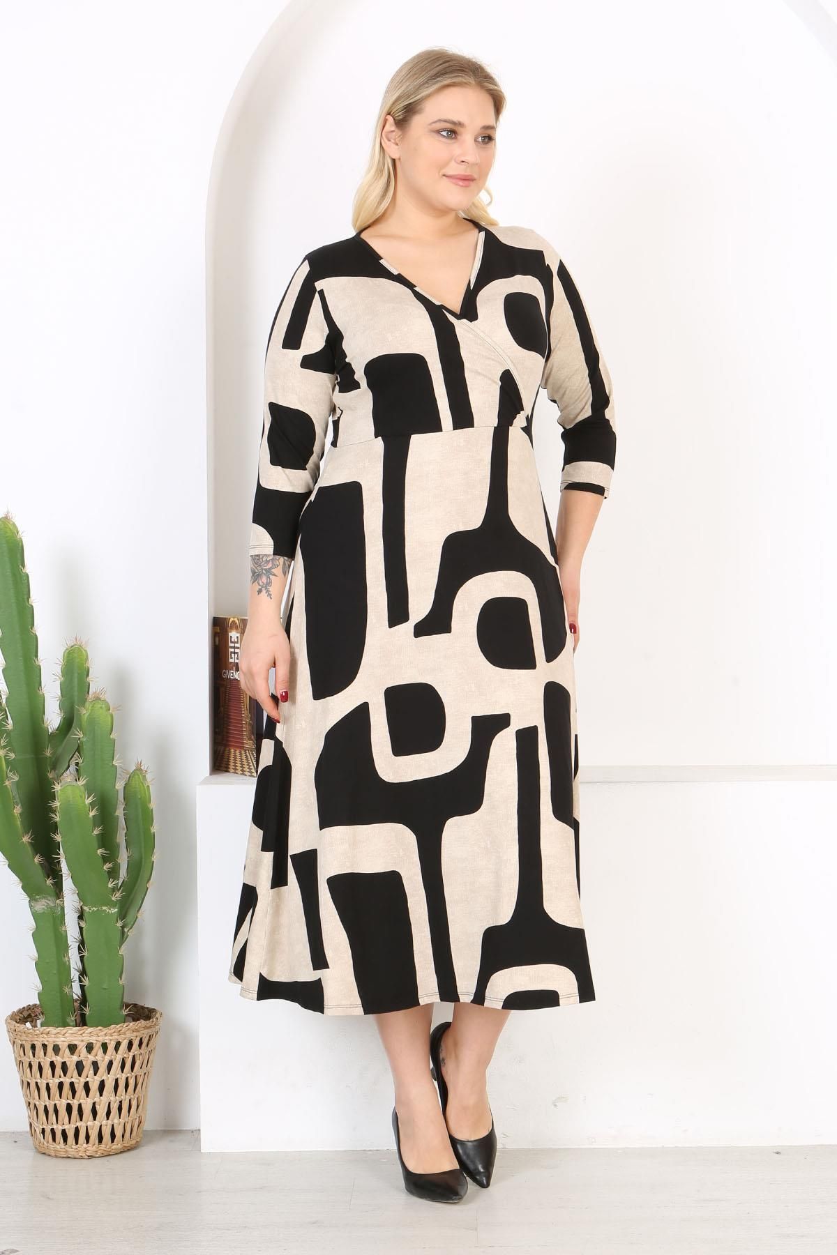 Mooi XXL-Rochie maxi de damă, negru, bej, cu imprimeu asimetric, cu mânecă lungă, cu rever dublu 4