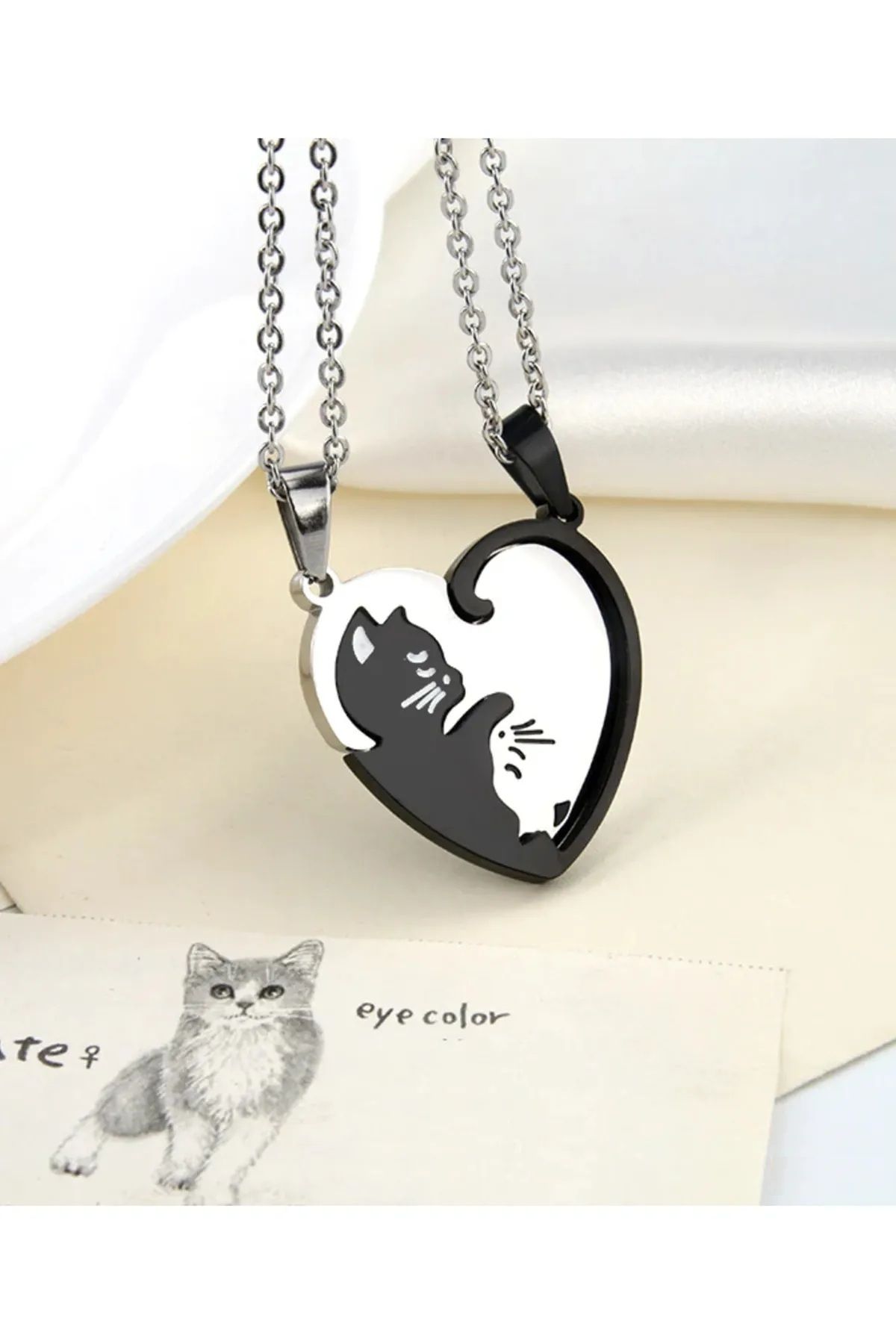 İYİ MODA-2Pcs Yin Yang Cat Necklace Double Heart Lover Couple Friend Necklace 1