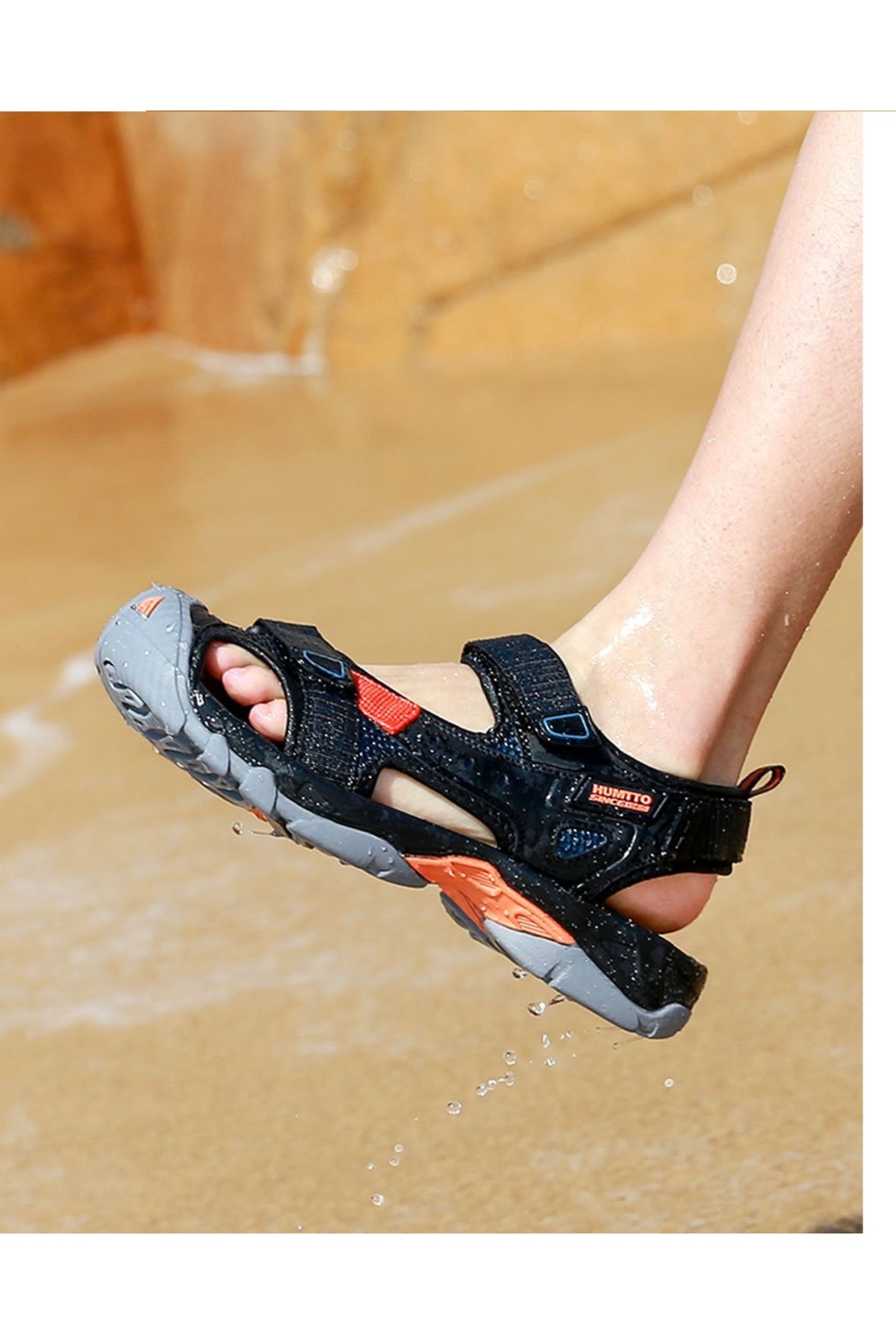 HUMTTO Burnu Kapalı Siyah Lacivert Cırtlı Erkek Outdoor Trekking Spor Sandalet görsel 4