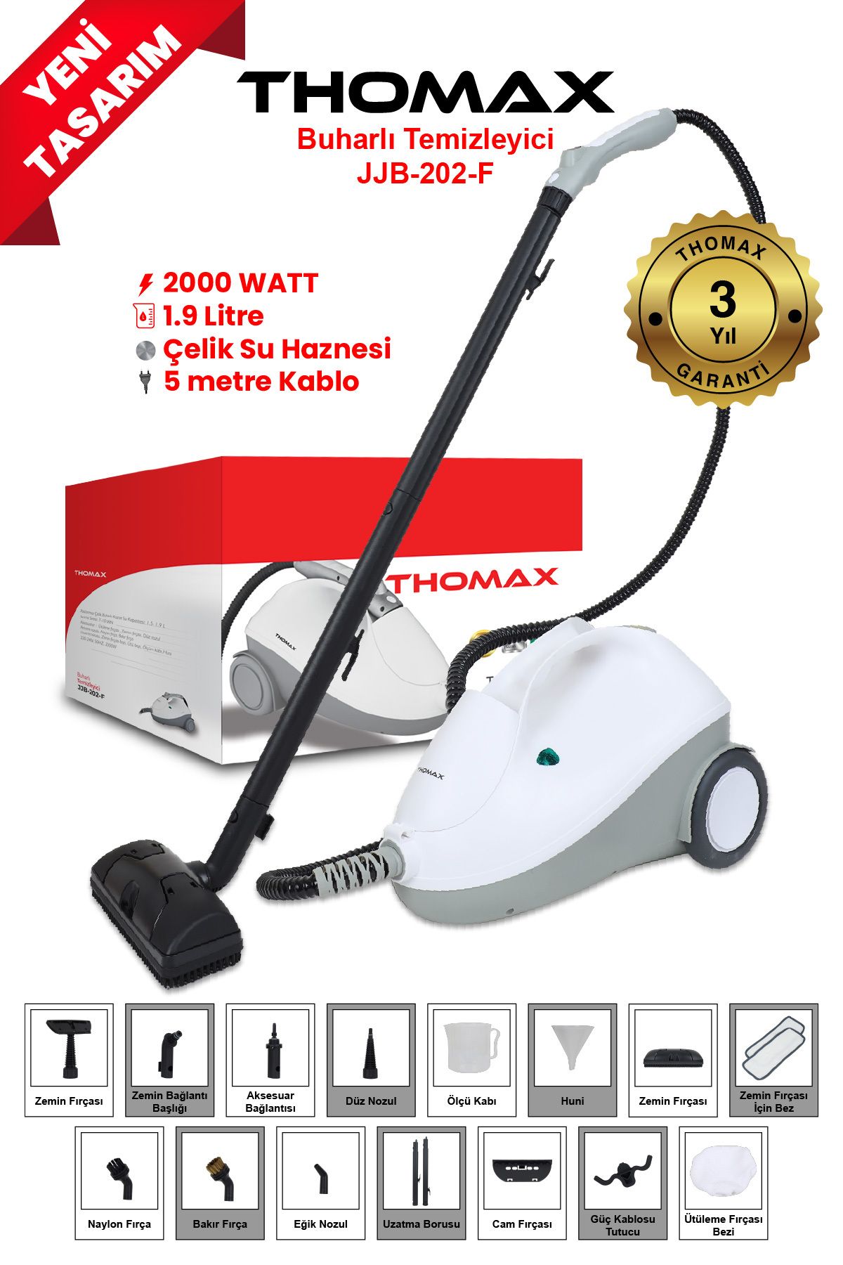 Çok Fonksiyonlu Buharlı Temizleyici Buharlı Temizlik 2000 Watt 1.9lt