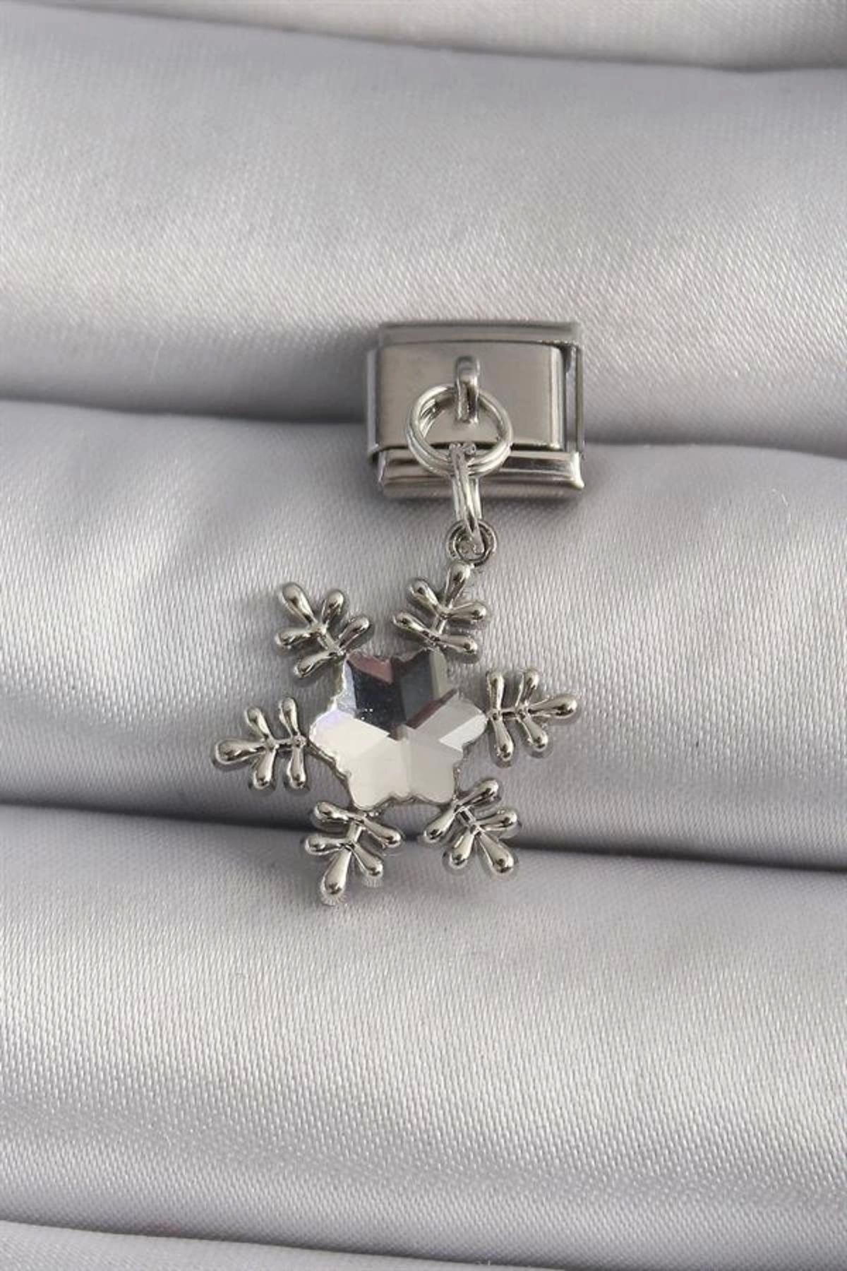 Merev 316L Çelik Gümüş Renk Zirkon Taşlı Kar Tanesi Model Nomination Charm