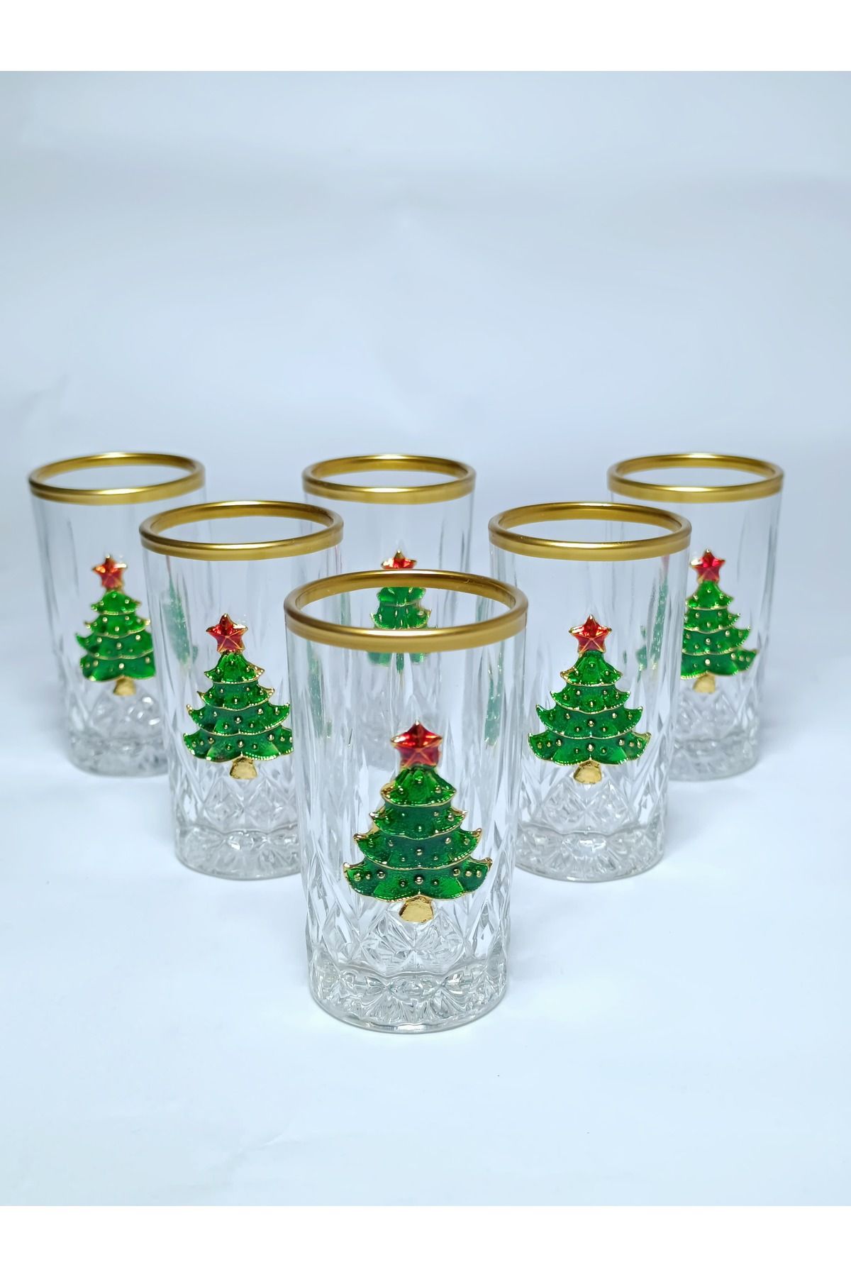 PARILTI HOME COLLECTİON-Set of 6 Pine Tree Figured Coffee Water Glasses 1