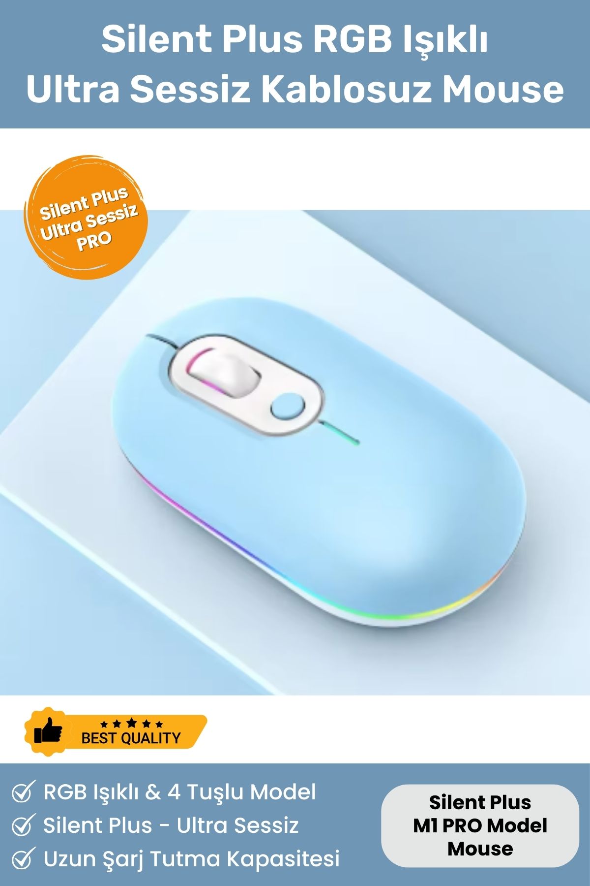 Noriyen Silent Plus RGB Işıklı Ultra Sessiz 4 Tuşlu USB 2.4G Şarjlı Kablosuz Wireless Bluetooth M1 Mouse