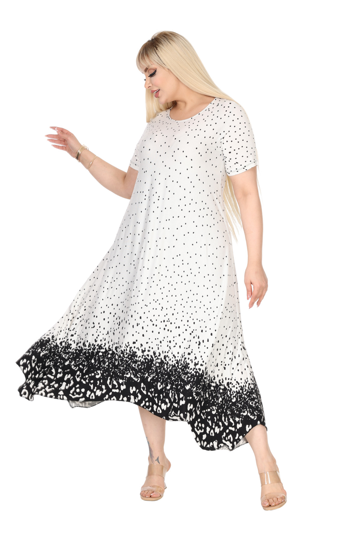 MELSAY-Women's Short Sleeve Asymmetrical White Polka Dot Hem Leopard Print Plus Size Dress 6