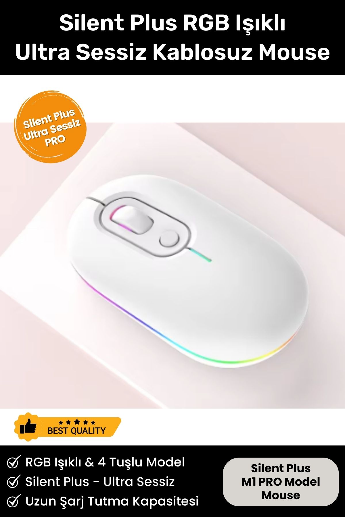 Noriyen Silent Plus RGB Işıklı Ultra Sessiz 4 Tuşlu USB 2.4G Şarjlı Kablosuz Wireless Bluetooth M1 Mouse