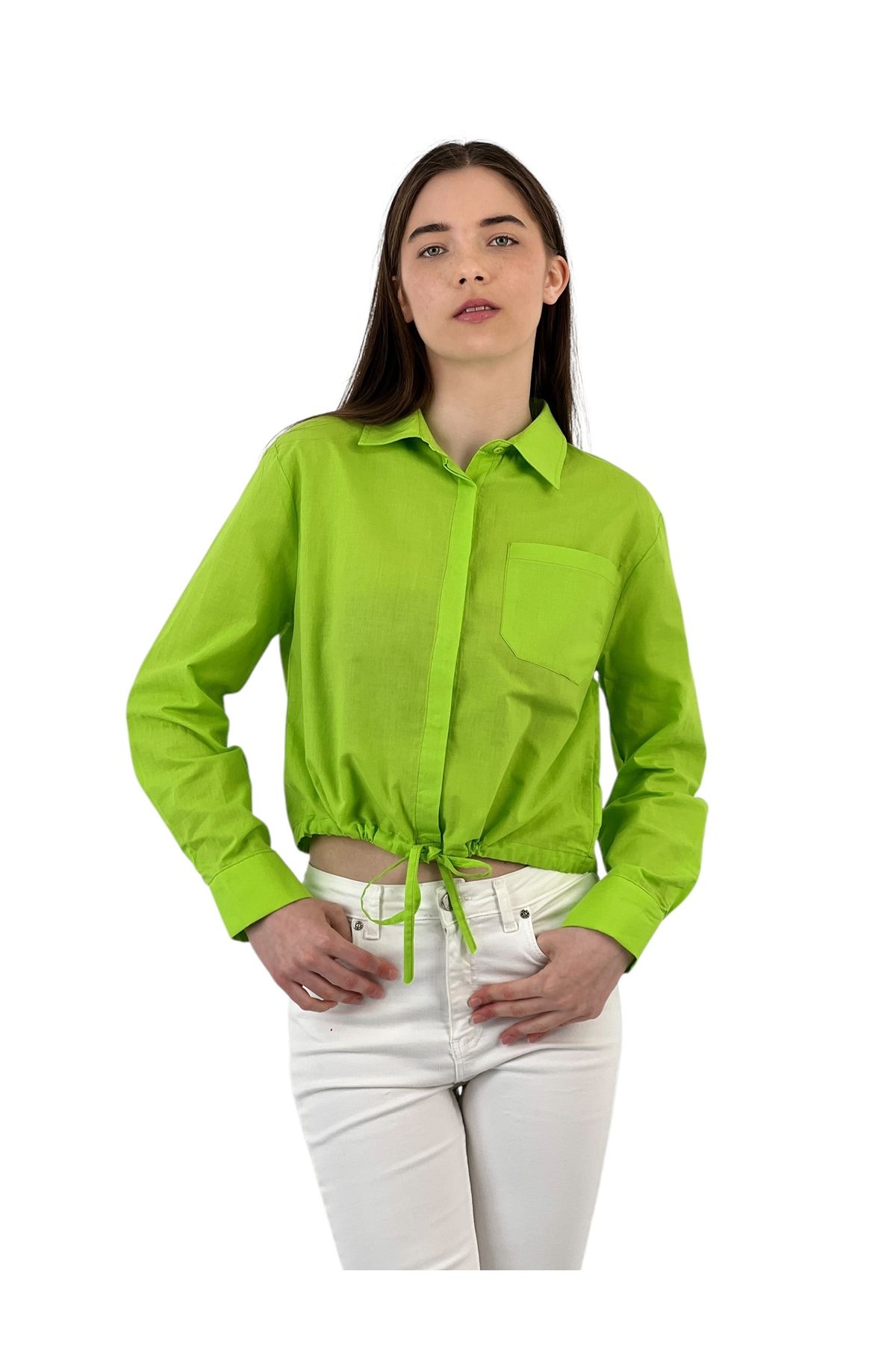 Miss Poem-Women's Drawstring Short Pocket Basic Crop Green Shirt 4