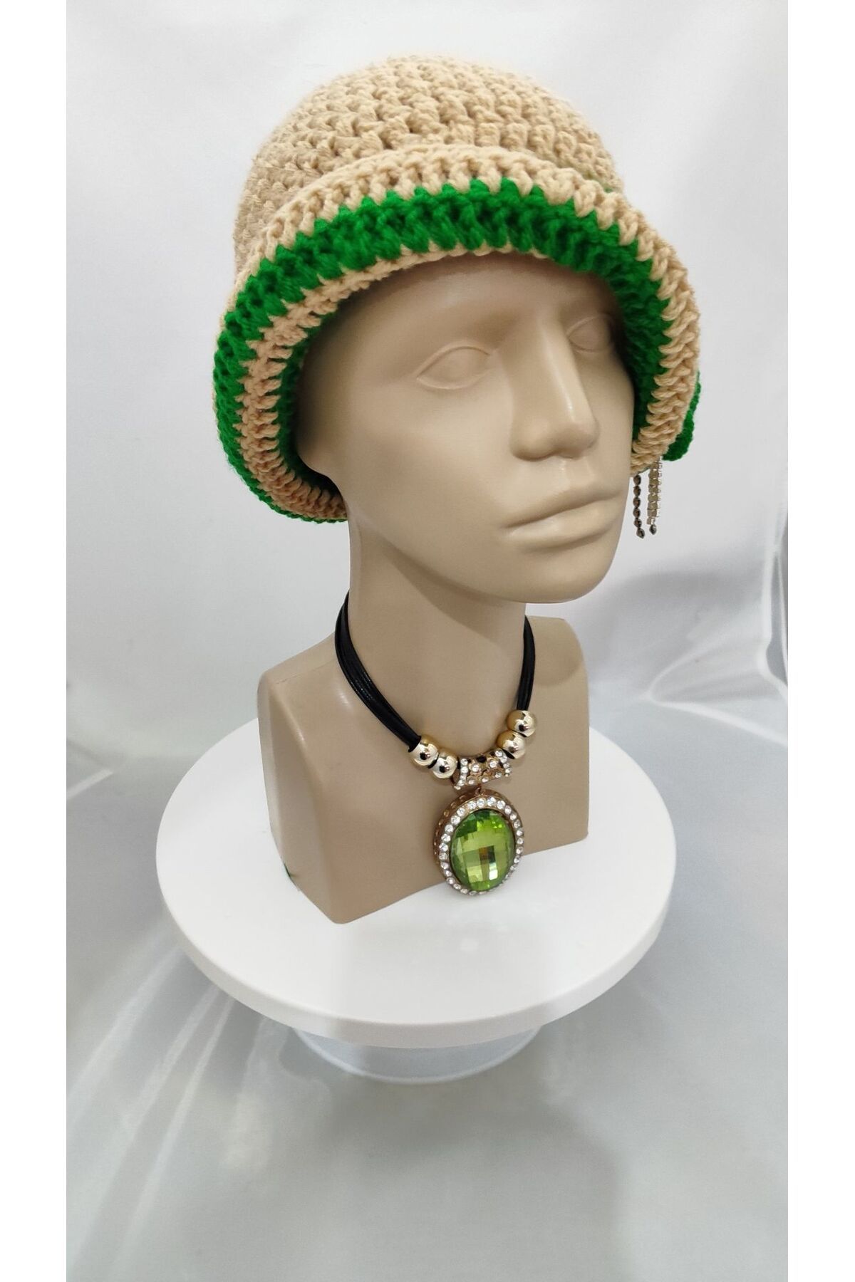 drt tasarım-Green Beret - Mocha Mousse Design, Large Floral Hand Knitted Crochet 8