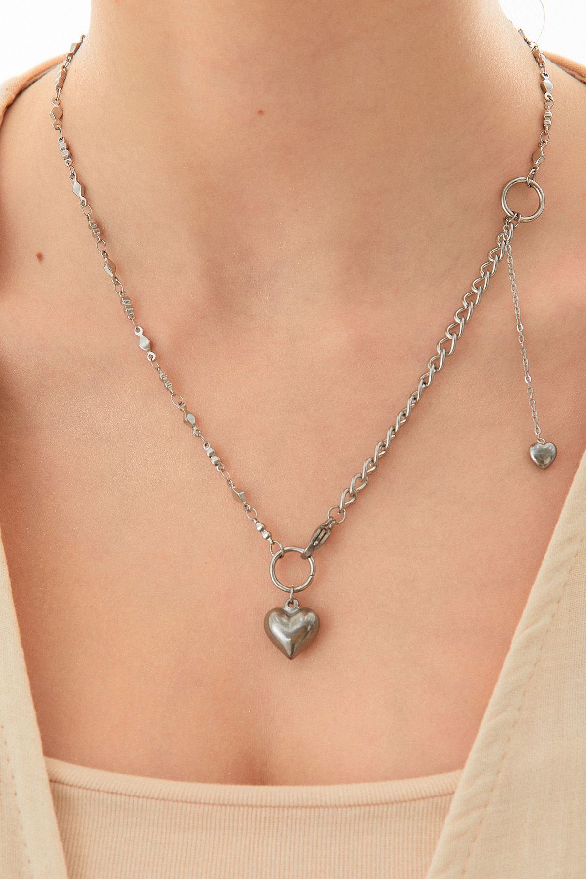 Fulla Moda-Ring Detailed Chain Steel Heart Necklace 2