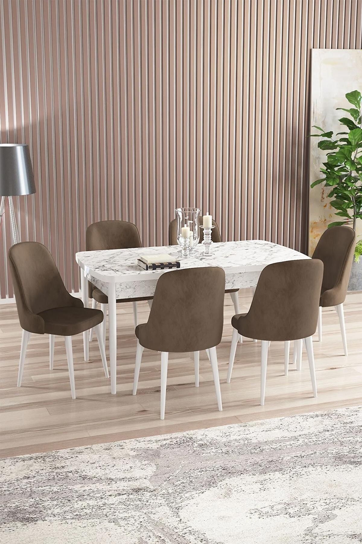Armin Serisi Beyaz Mermer 80x132 Açılabilir MDF Mutfak Masası Takımı 6 Adet Kahve Sandalye-0