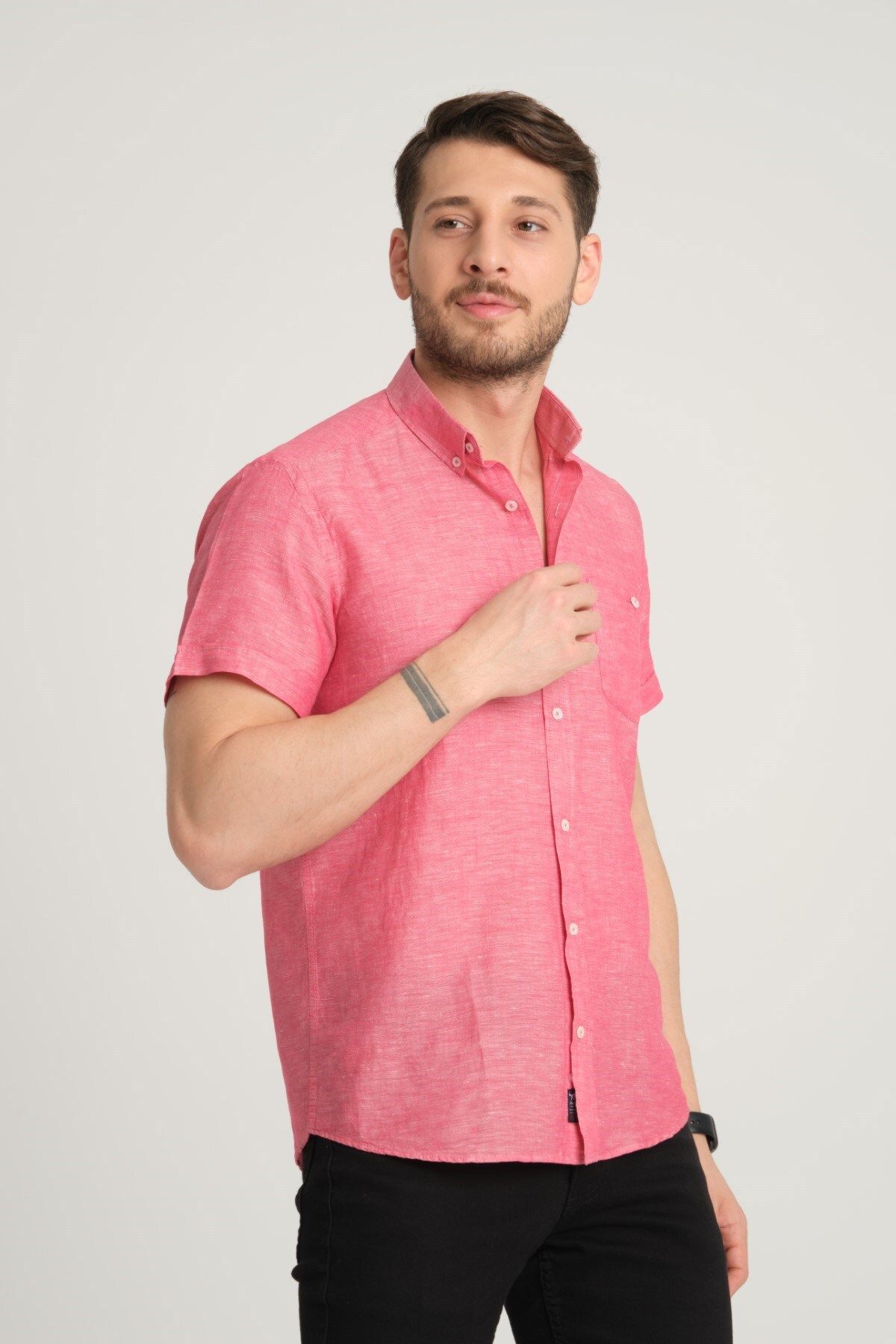 G-FOX-Men's Cotton Linen Blended Regular Fit Shirt - Pocketed, Buttoned Collar, Short Sleeve 2518 6