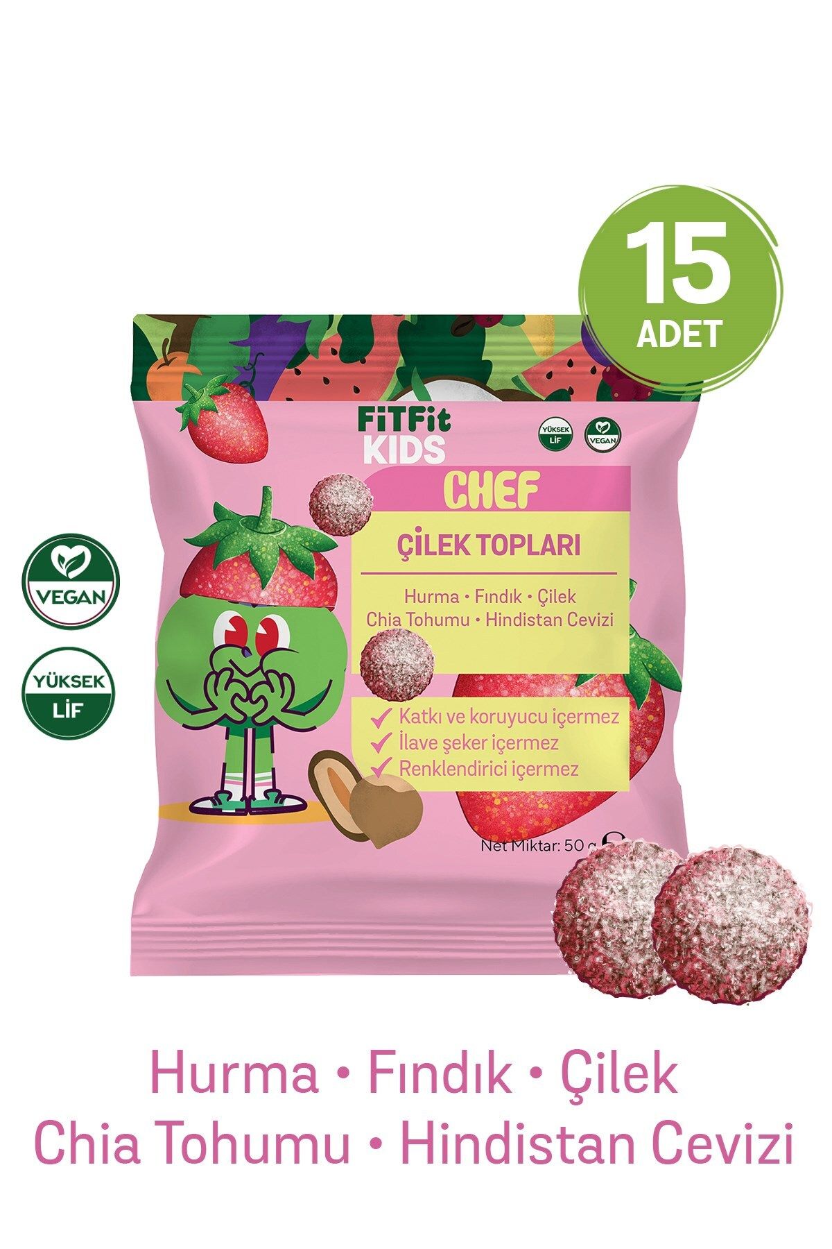 FitFit Çocuk Hindistan Cevizi Kaplı Çilekli Hurma Meyve Topları Glutensiz, Doğal Atıştırmalık 50GR X