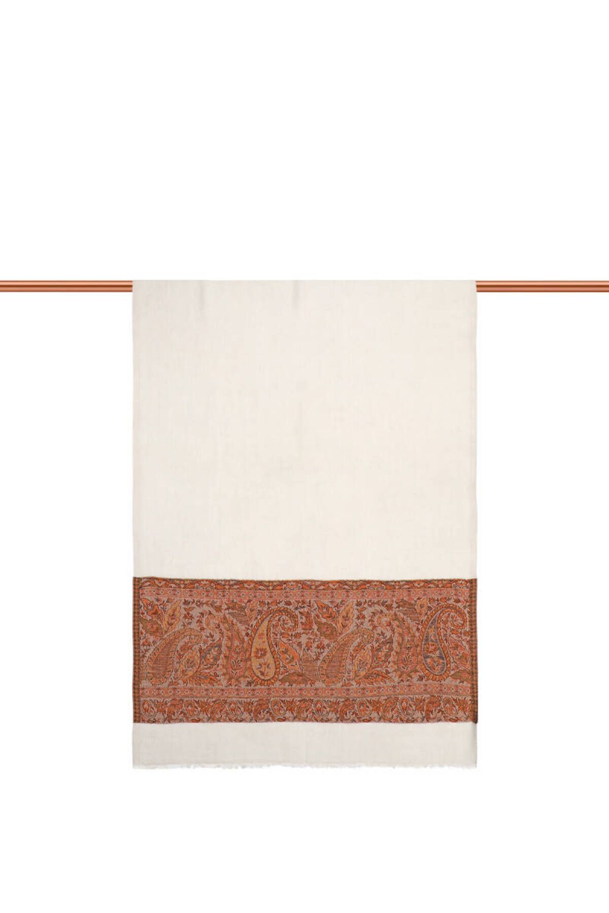 Bursa İpek-Ecru Border Patterned Wool Shawl 2