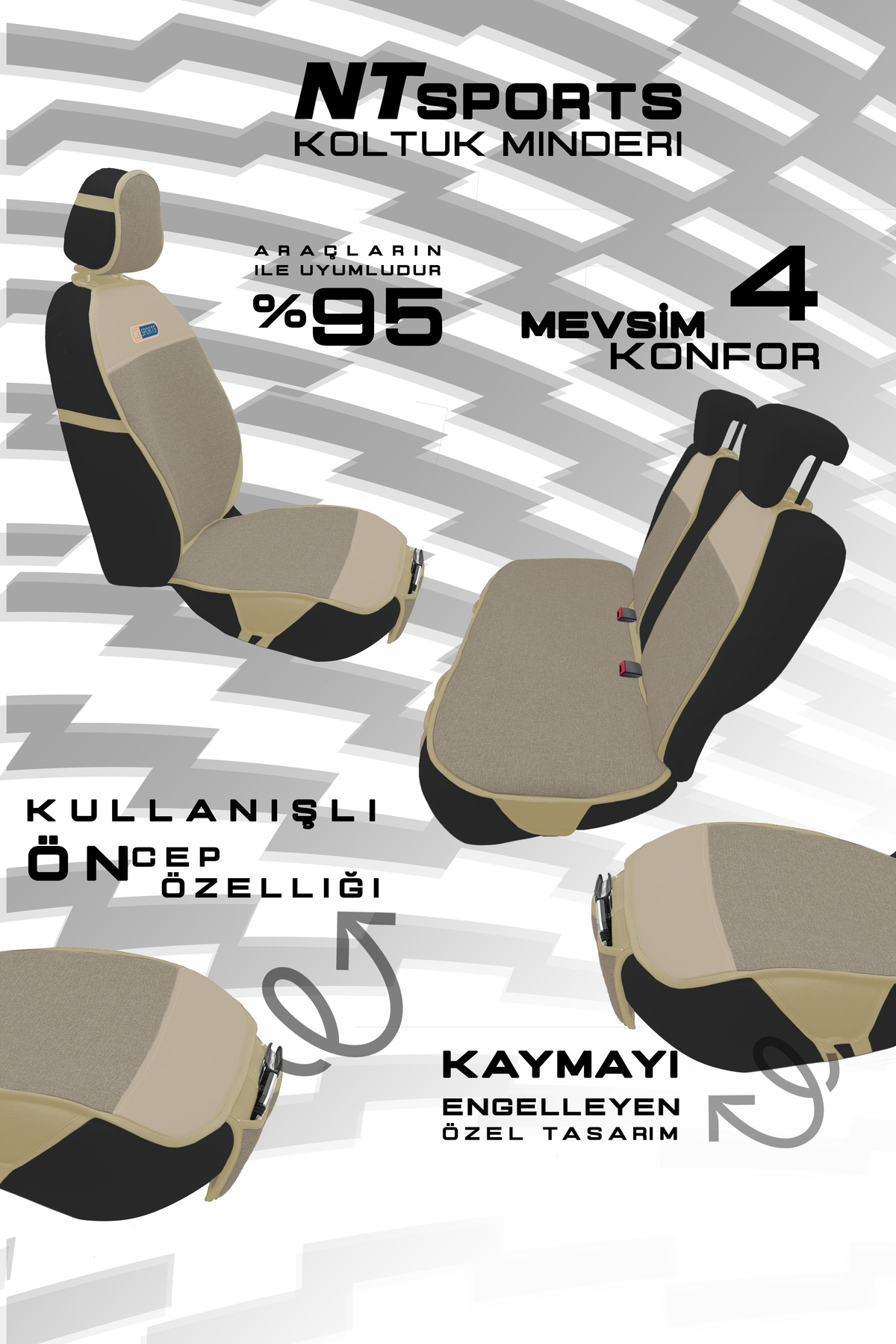 NATOCONCEPT Nt Sport Serisi 5 Parça Su Geçirmez Keten Araba Koltuk Minderi - Bej fotoğrafı 3 (önizleme)