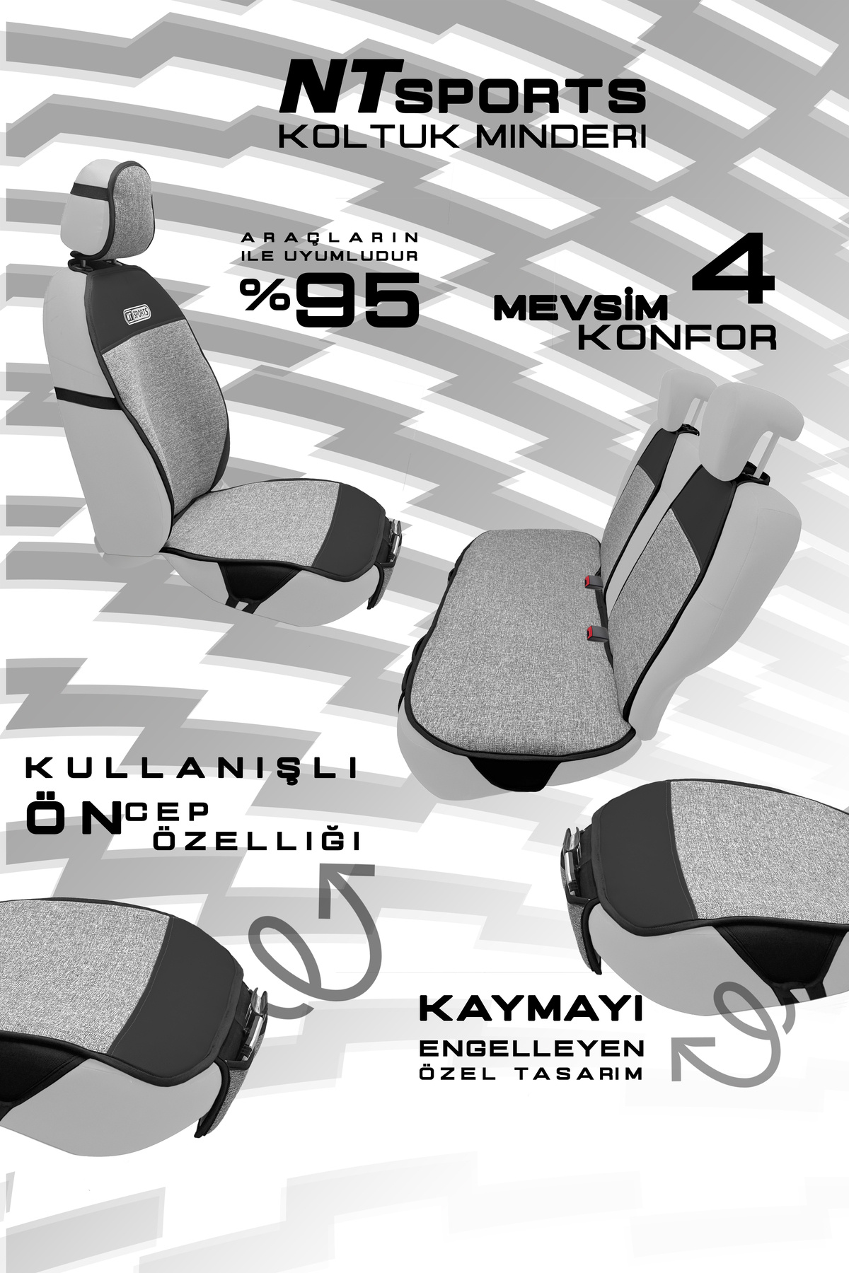 NATOCONCEPT Nt Sport Serisi 5 Parça Su Geçirmez Keten Araba Koltuk Minderi - Siyah / Gri fotoğrafı 3 (önizleme)