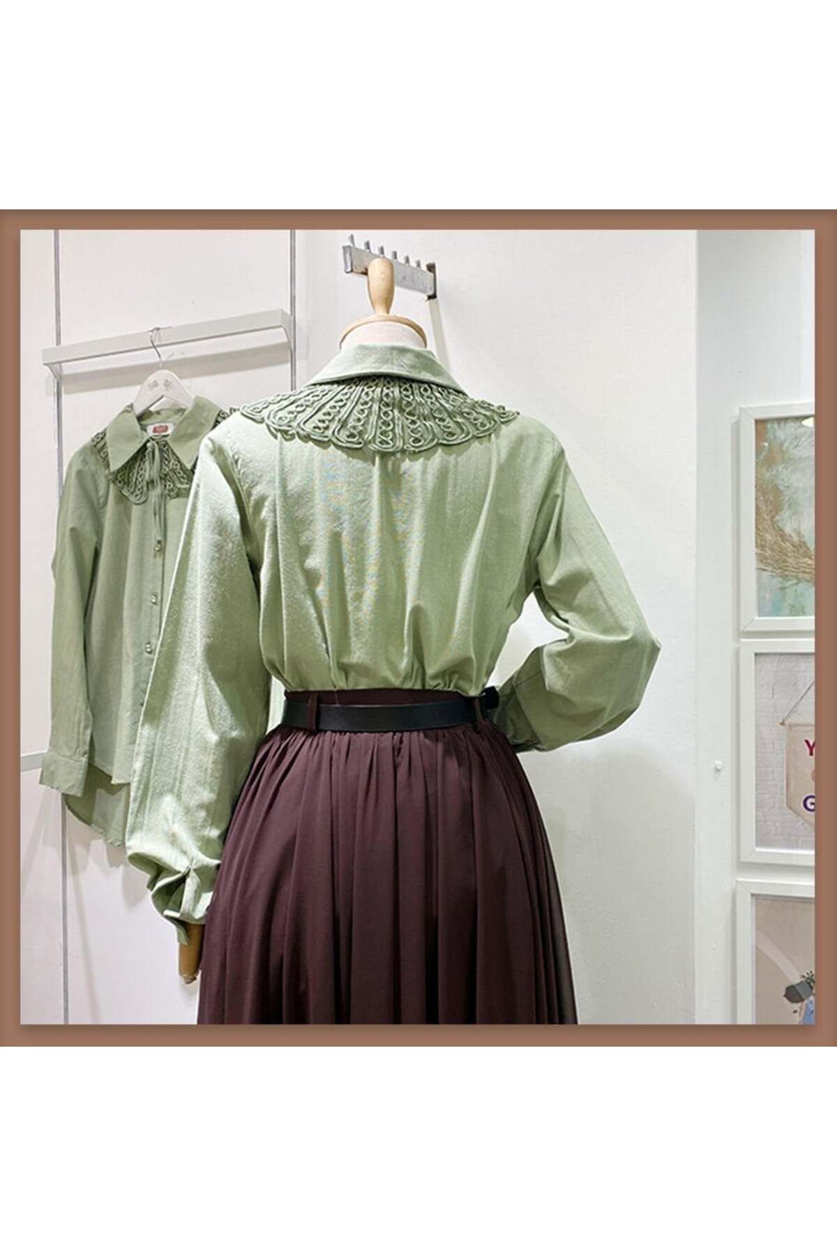 Faya Boutique-Green Linen Shirt with Mobile Flower Collar 2