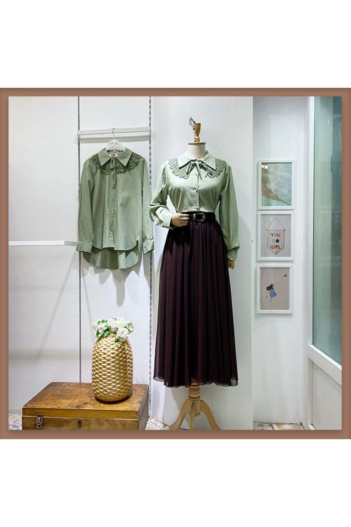 Faya Boutique-Green Linen Shirt with Mobile Flower Collar 3