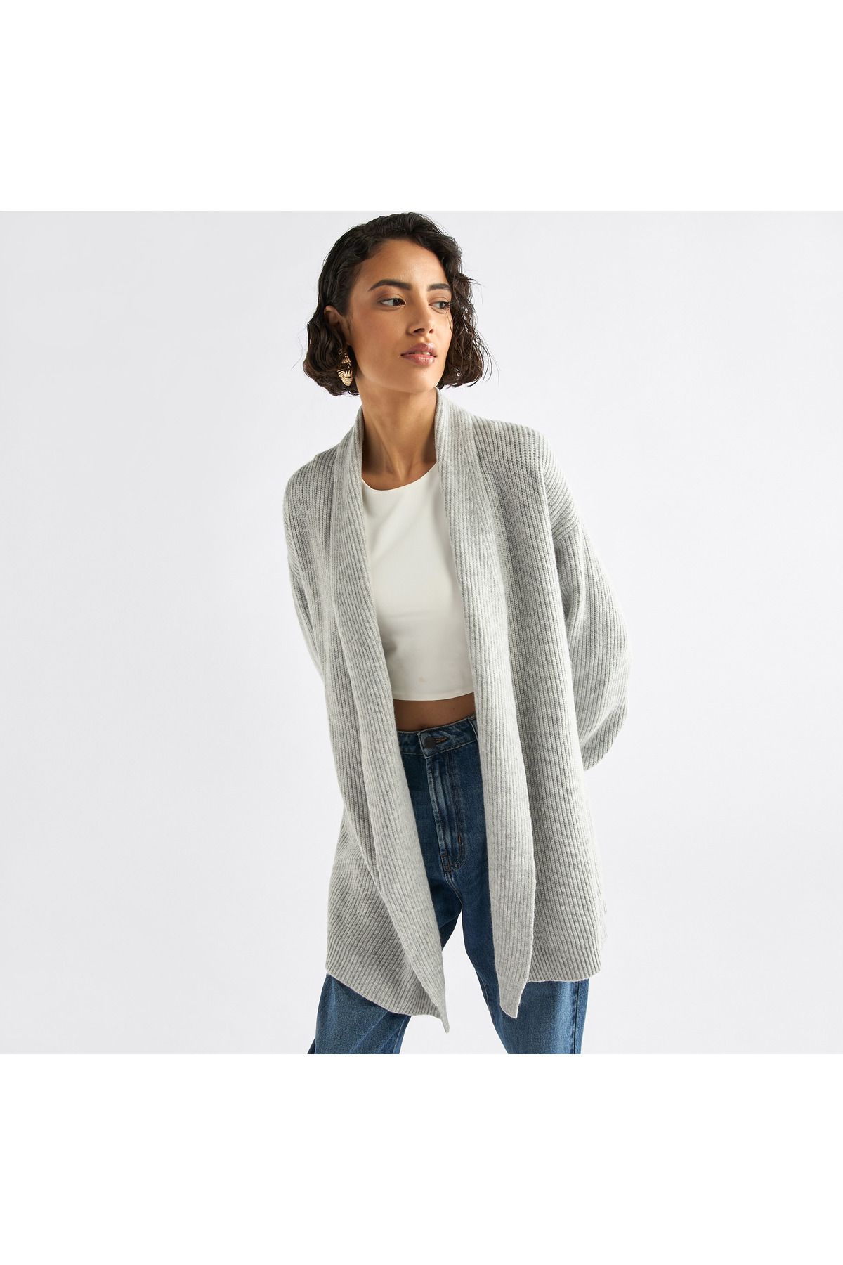 FAV-Textured Open Front Cardigan with Long Sleeves 1