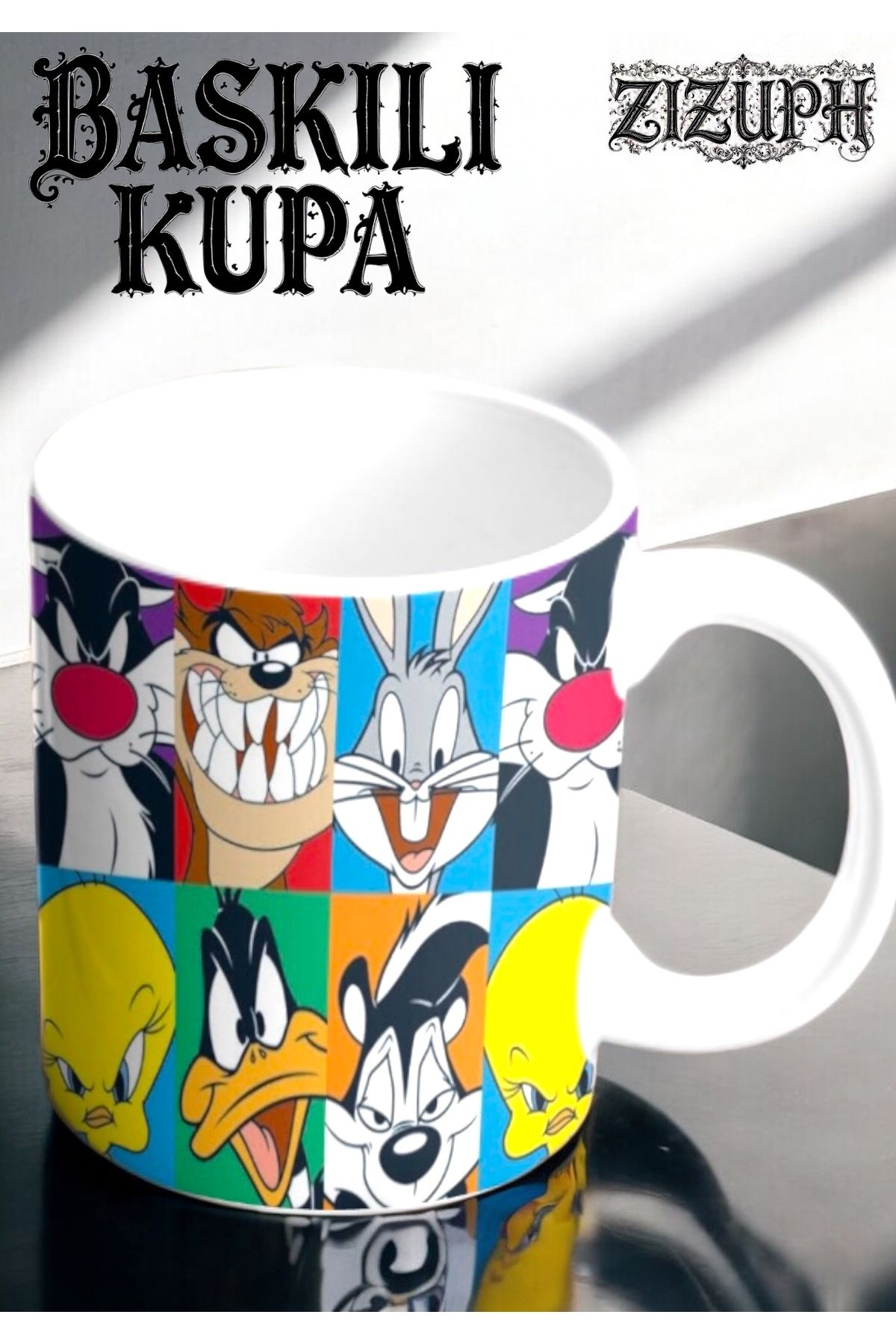 z zizuph-Printed Mug Looney Patterned Coaster Name Writable Mug Cup 2