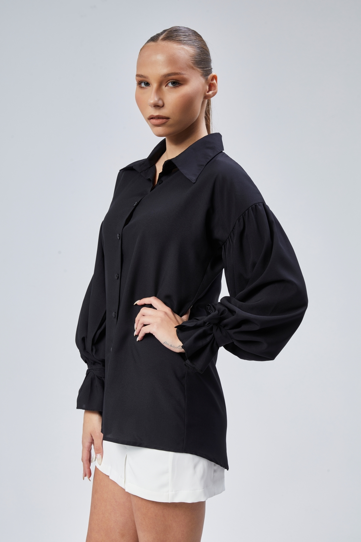 EMMAS CLOTHİNG  Oversize Büzgü Detaylı Saten Bluz - Görsel 5