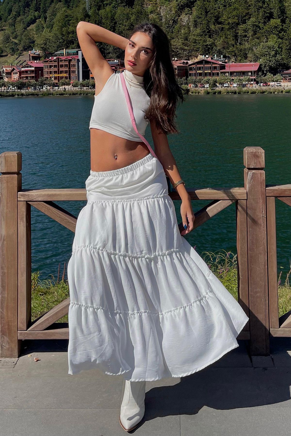 Madmext-White Basic Pleated Women's Long Skirt 2