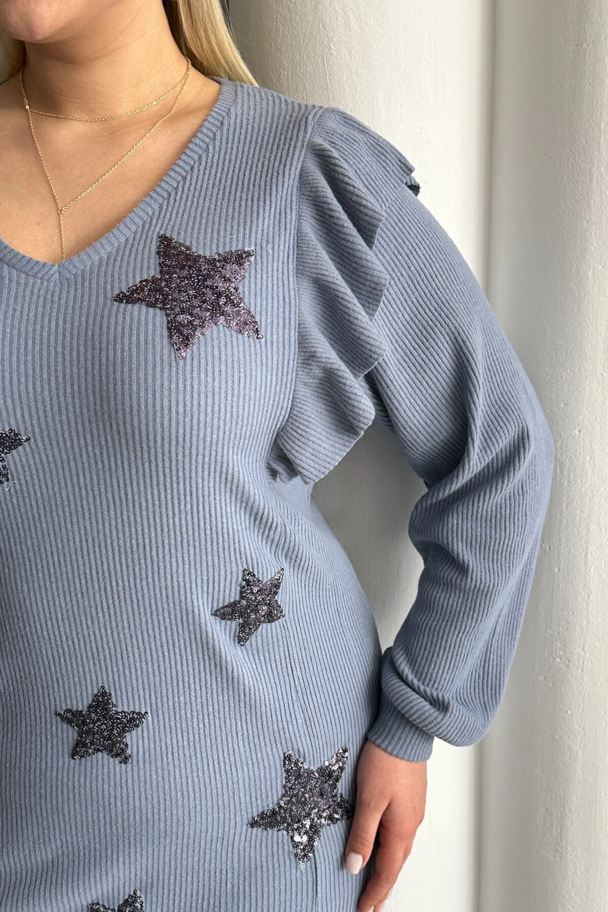 Stil Diva-Plus Size Long Sleeve Ruffled Star Pattern Embroidered Blouse 301234 7