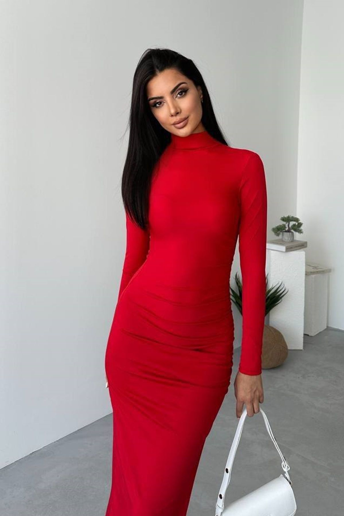 WOMAN VISION-Women's Red Sandy Fabric Half Turtleneck and Slit Design Midi Evening Dress 302 1