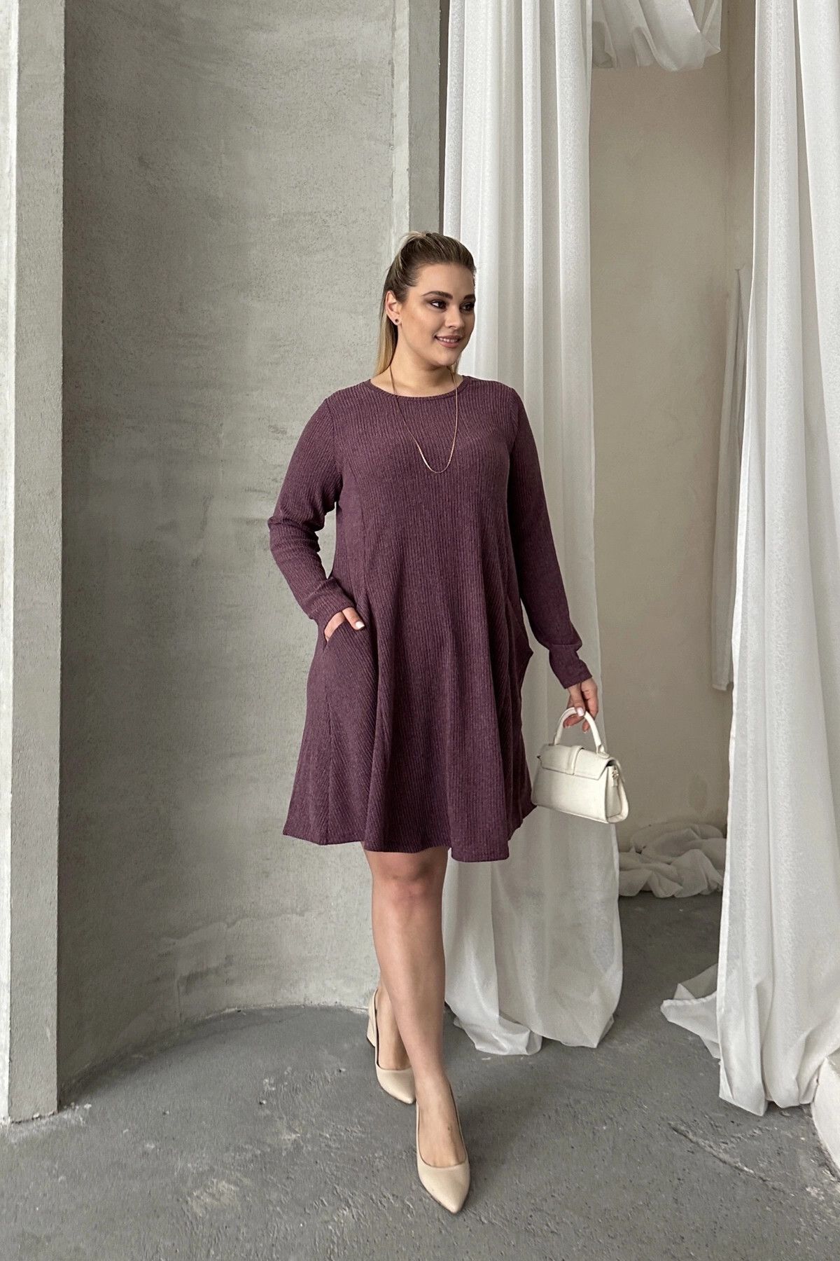 Stil Diva-Plus Size Long Sleeve Crew Neck Pocket Ribbed Dress 100-186 2