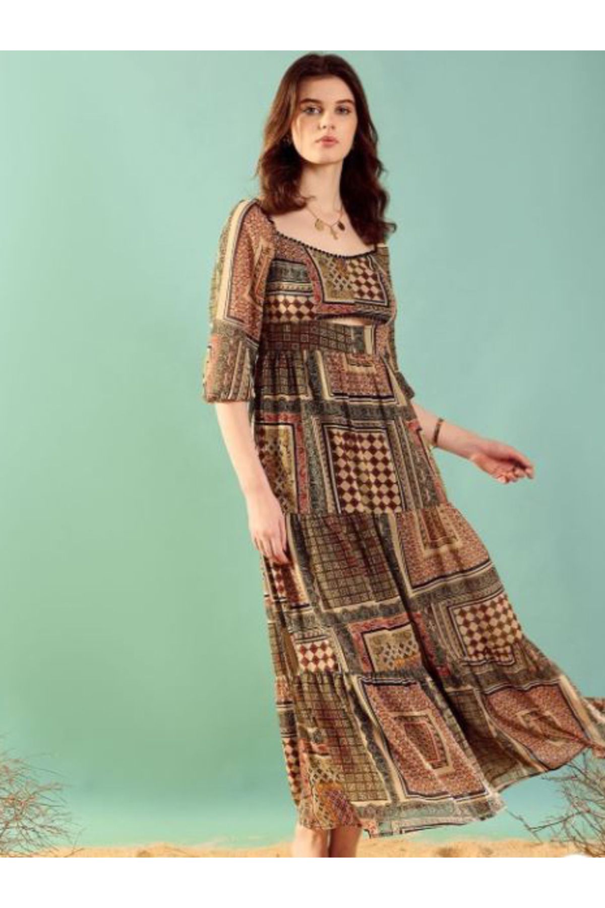 Kassually By Styli-Patchwork Print 3/4 Sleeves Tiered Maxi Dress 2