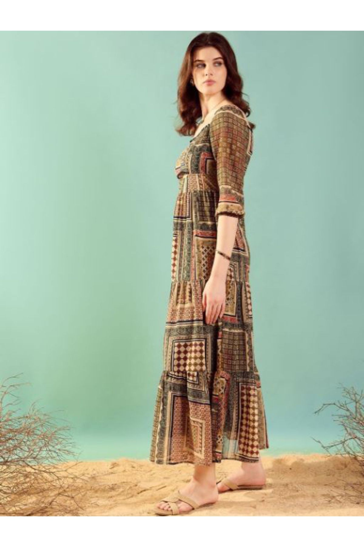 Kassually By Styli-Patchwork Print 3/4 Sleeves Tiered Maxi Dress 4