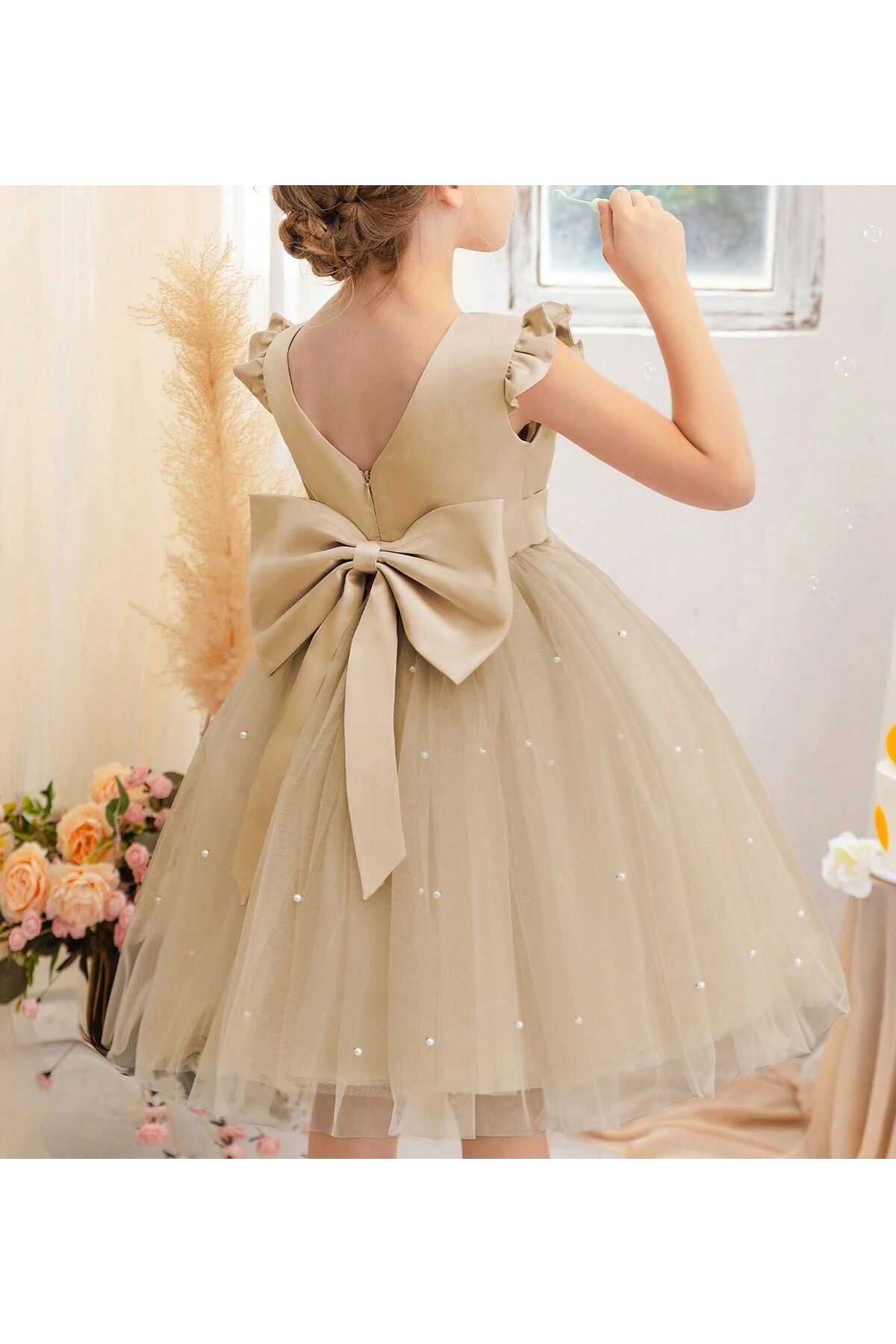 HSNLİFE-Girl's Tan Pearl Dress Graduation Birthday Special Occasion Evening Dress 2