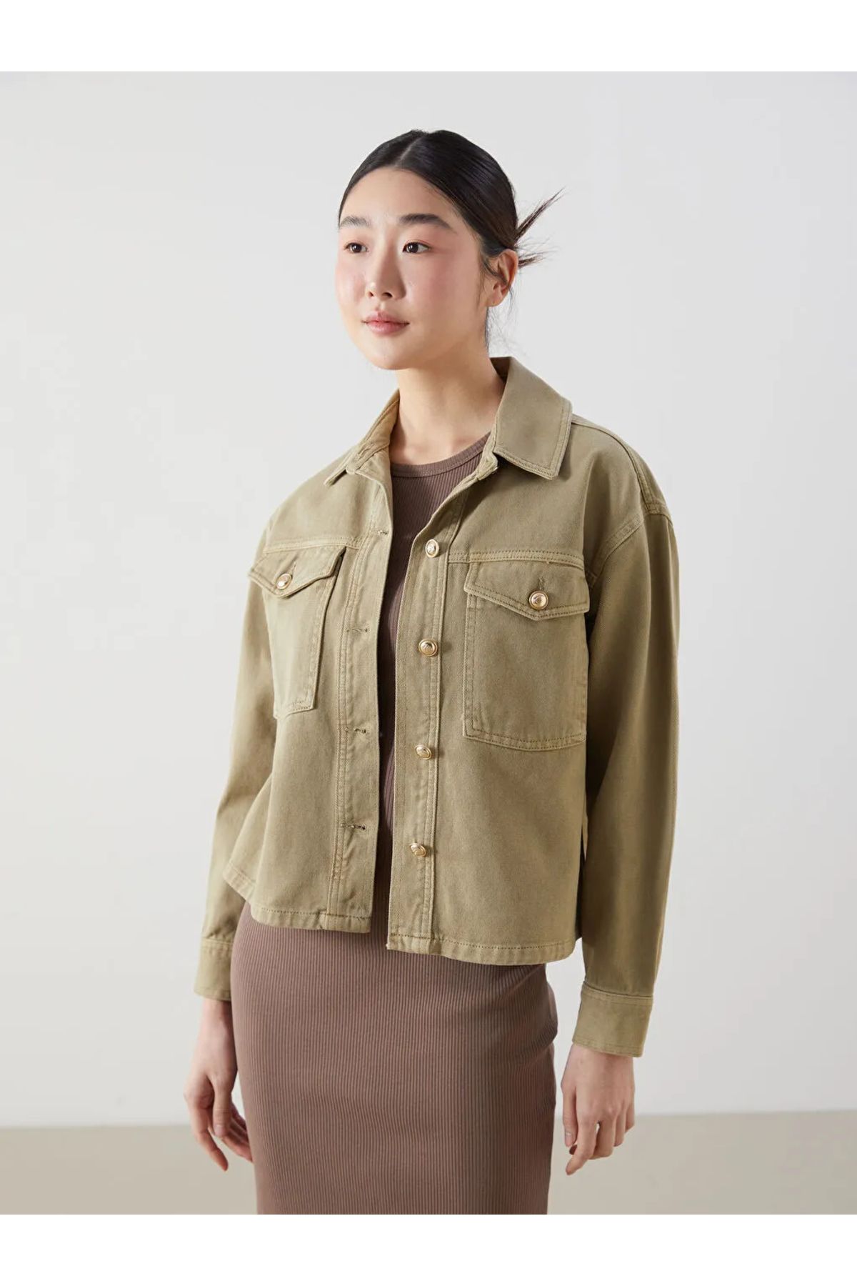 LC Waikiki-Xside Khaki Oversize Women's Jacket - Shirt Collar t t 1