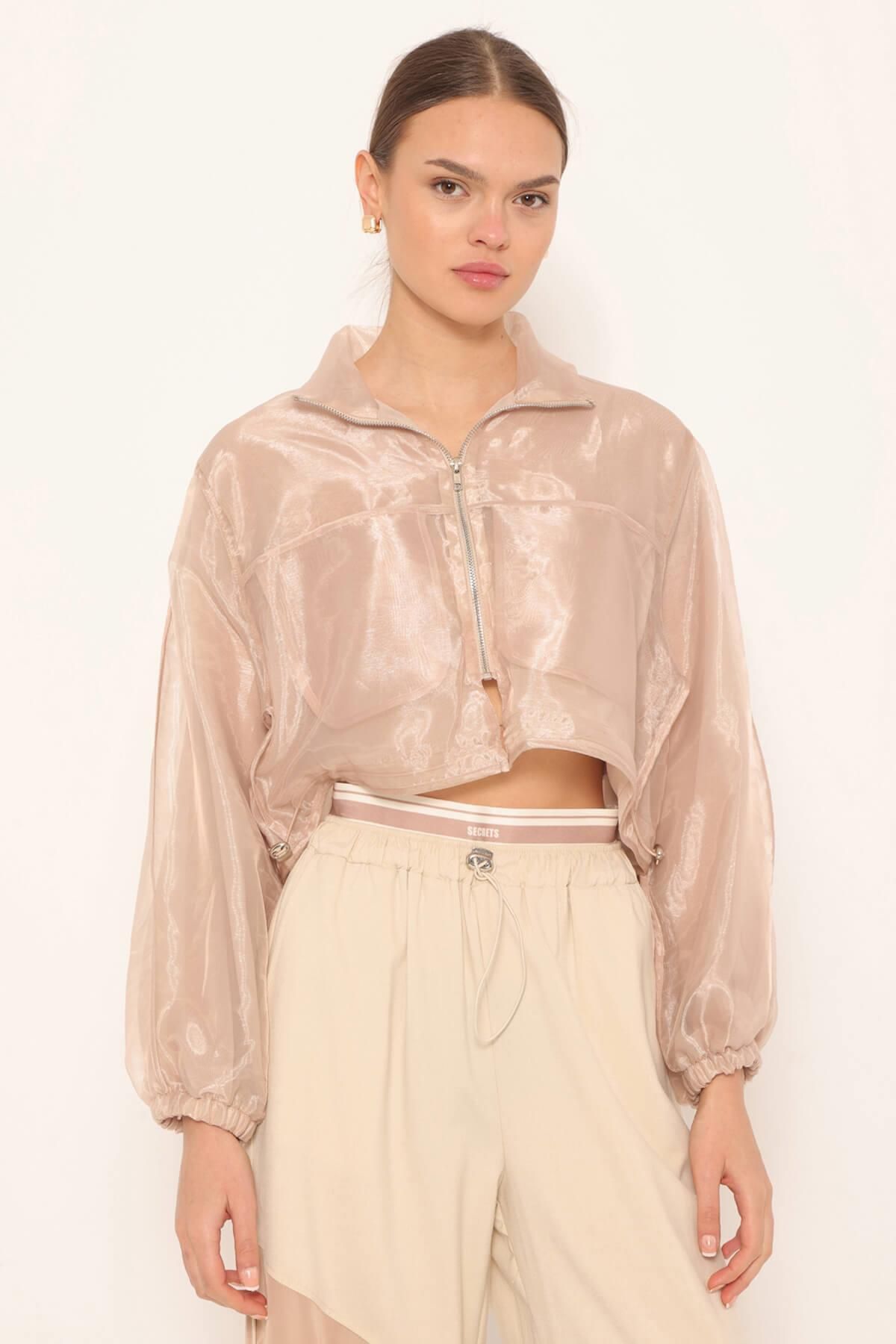 Coral-Beige Organza Bomber Jacket 3